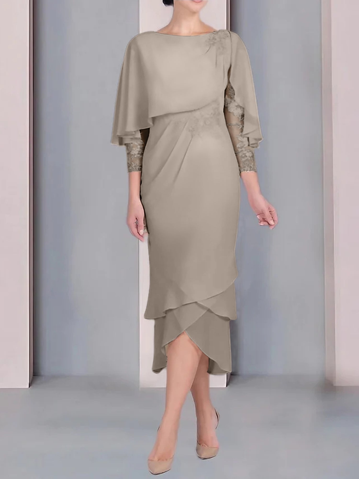 Tea-Length Mother of the Bride Dress with Scoop Neck Short Sleeves and Appliqued Lace