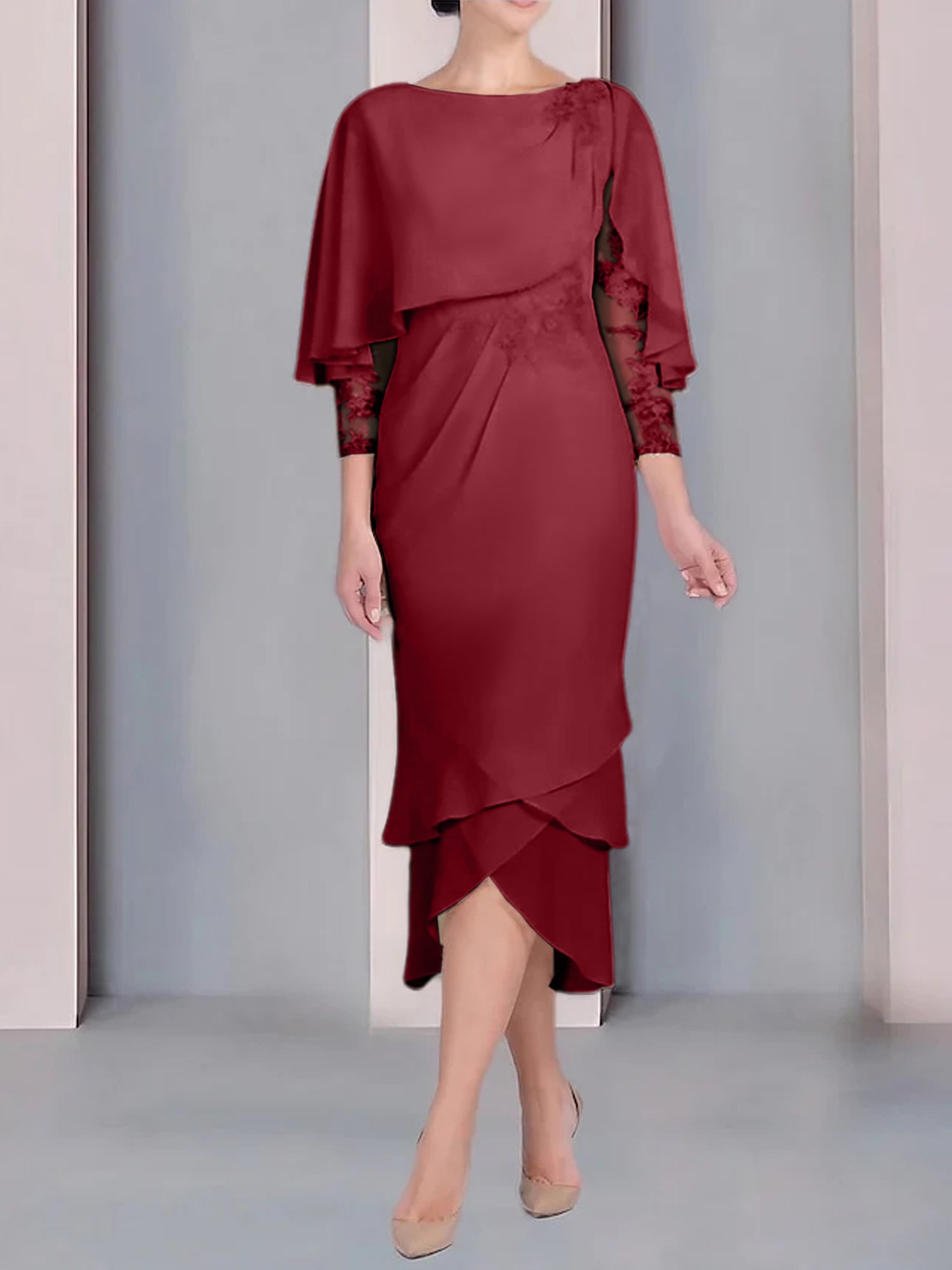 Tea-Length Mother of the Bride Dress with Scoop Neck Short Sleeves and Appliqued Lace