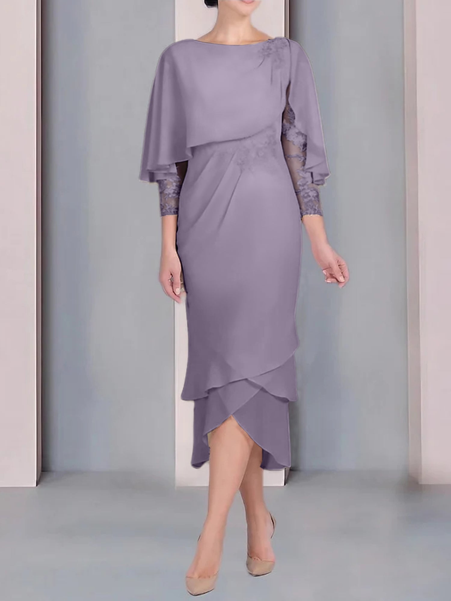 Tea-Length Mother of the Bride Dress with Scoop Neck Short Sleeves and Appliqued Lace