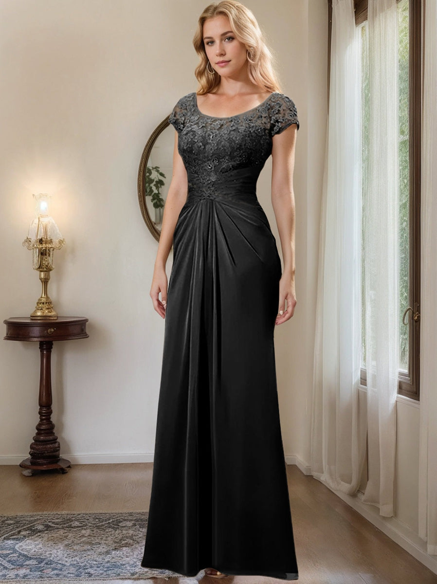 Floor-Length Chiffon Mother of the Bride Dress with Lace Ruffle and Sheath/Column Scoop