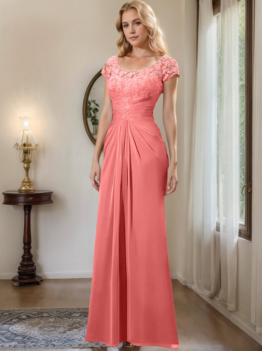 Floor-Length Chiffon Mother of the Bride Dress with Lace Ruffle and Sheath/Column Scoop