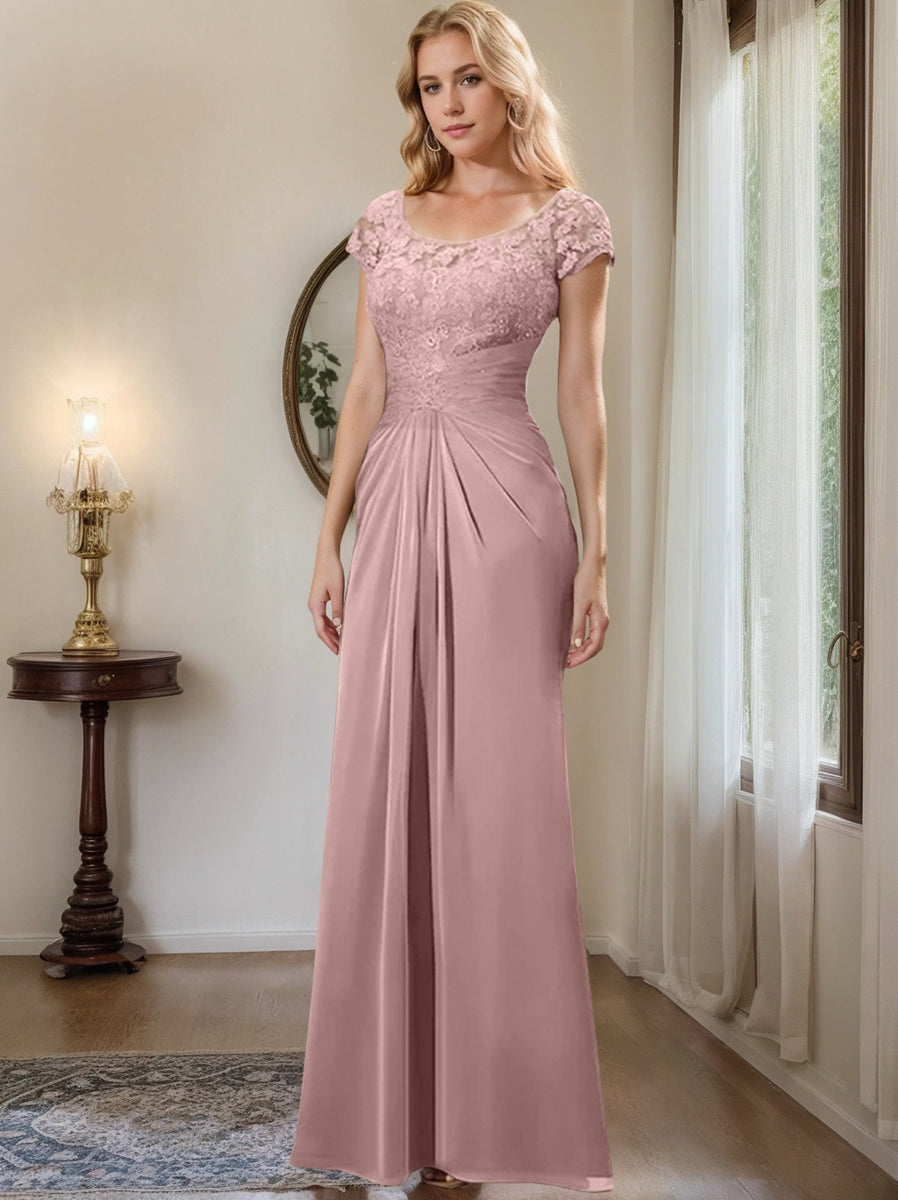 Floor-Length Chiffon Mother of the Bride Dress with Lace Ruffle and Sheath/Column Scoop