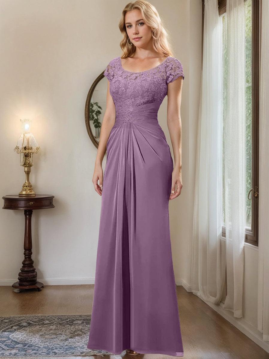 Floor-Length Chiffon Mother of the Bride Dress with Lace Ruffle and Sheath/Column Scoop