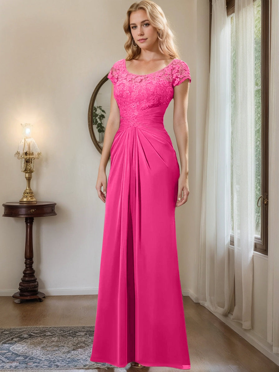 Floor-Length Chiffon Mother of the Bride Dress with Lace Ruffle and Sheath/Column Scoop