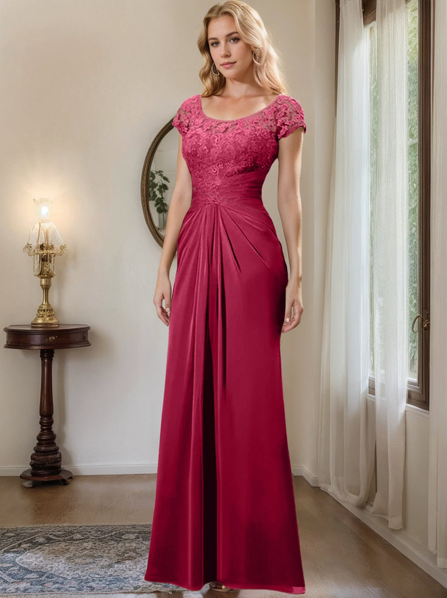 Floor-Length Chiffon Mother of the Bride Dress with Lace Ruffle and Sheath/Column Scoop