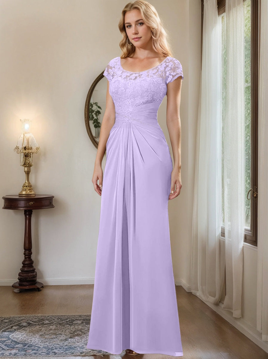 Floor-Length Chiffon Mother of the Bride Dress with Lace Ruffle and Sheath/Column Scoop
