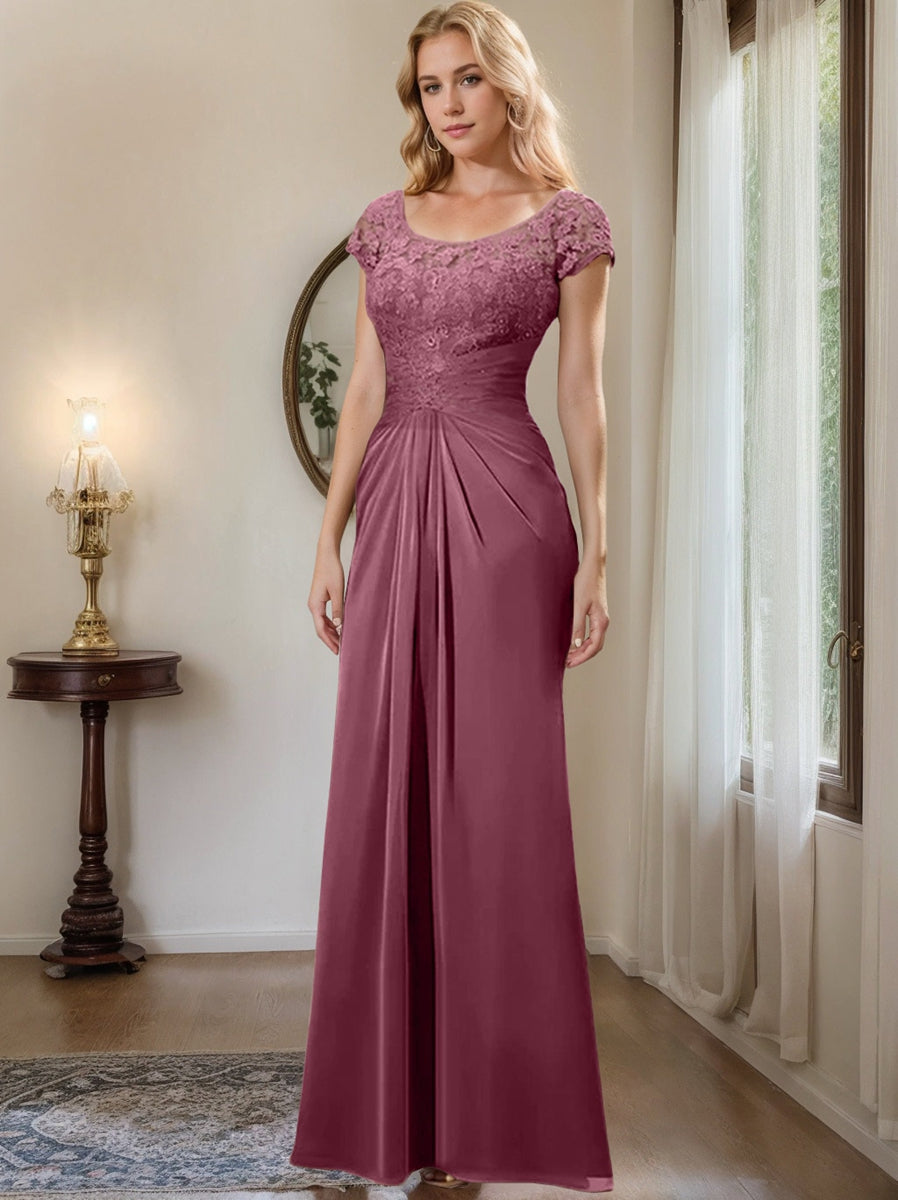 Floor-Length Chiffon Mother of the Bride Dress with Lace Ruffle and Sheath/Column Scoop