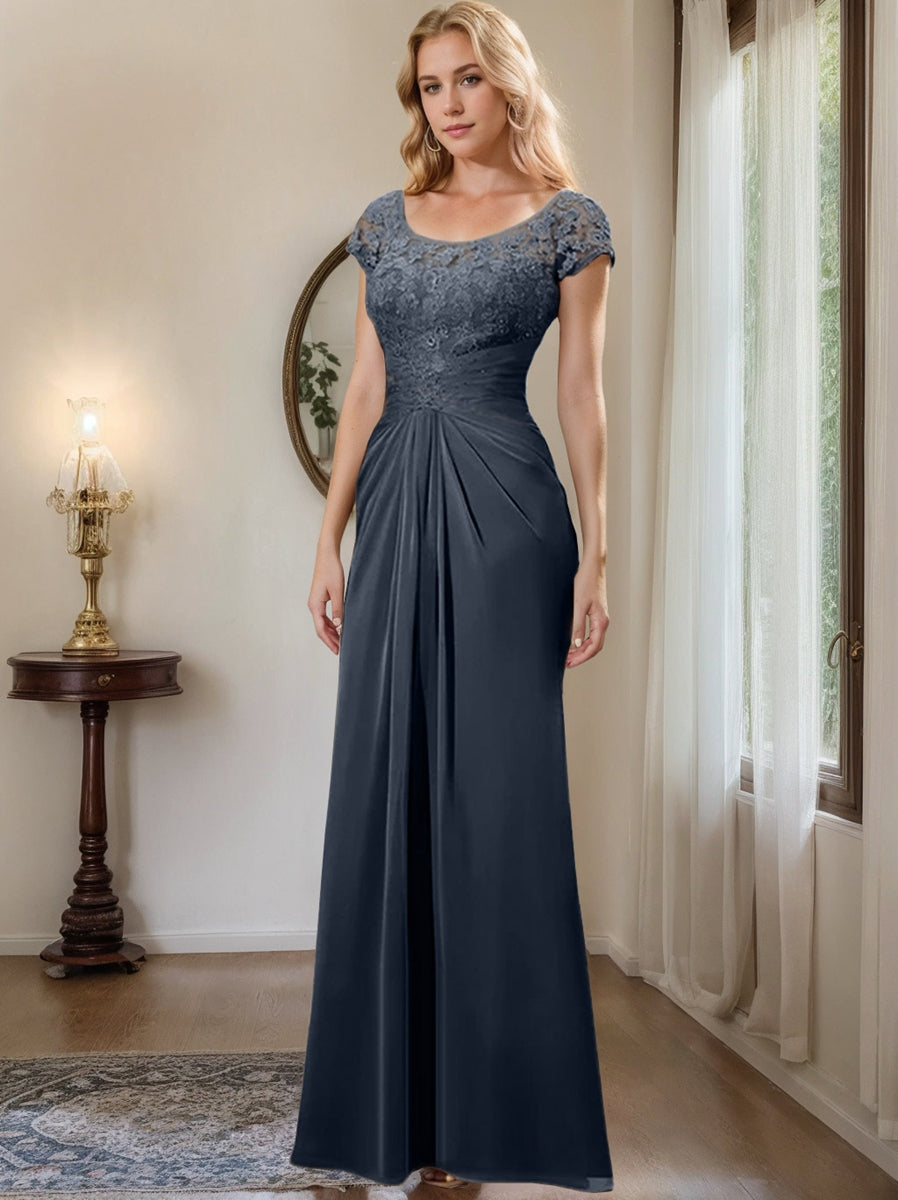 Floor-Length Chiffon Mother of the Bride Dress with Lace Ruffle and Sheath/Column Scoop