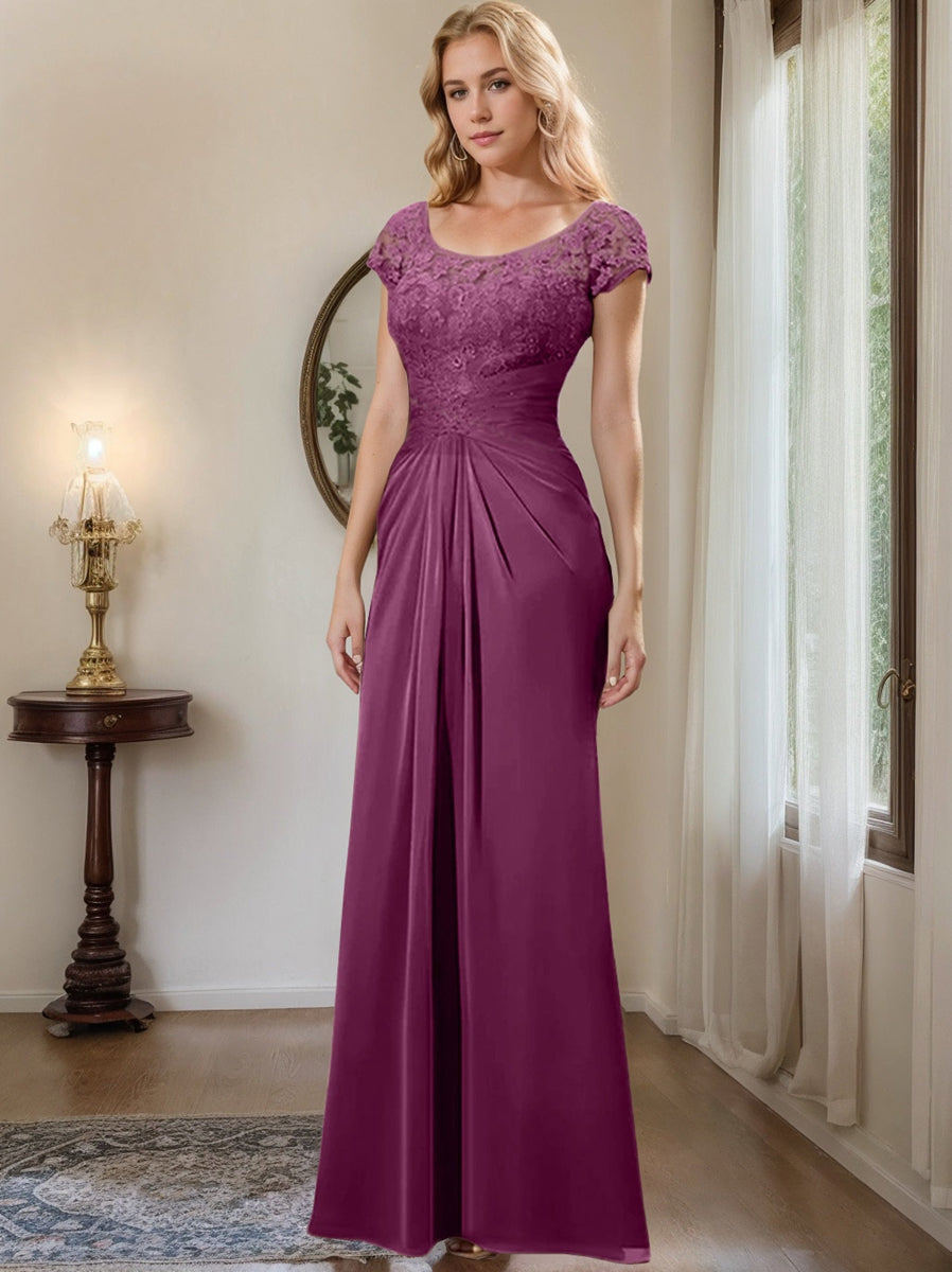 Floor-Length Chiffon Mother of the Bride Dress with Lace Ruffle and Sheath/Column Scoop