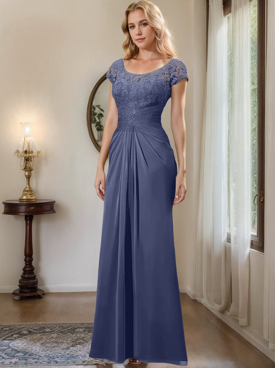 Floor-Length Chiffon Mother of the Bride Dress with Lace Ruffle and Sheath/Column Scoop