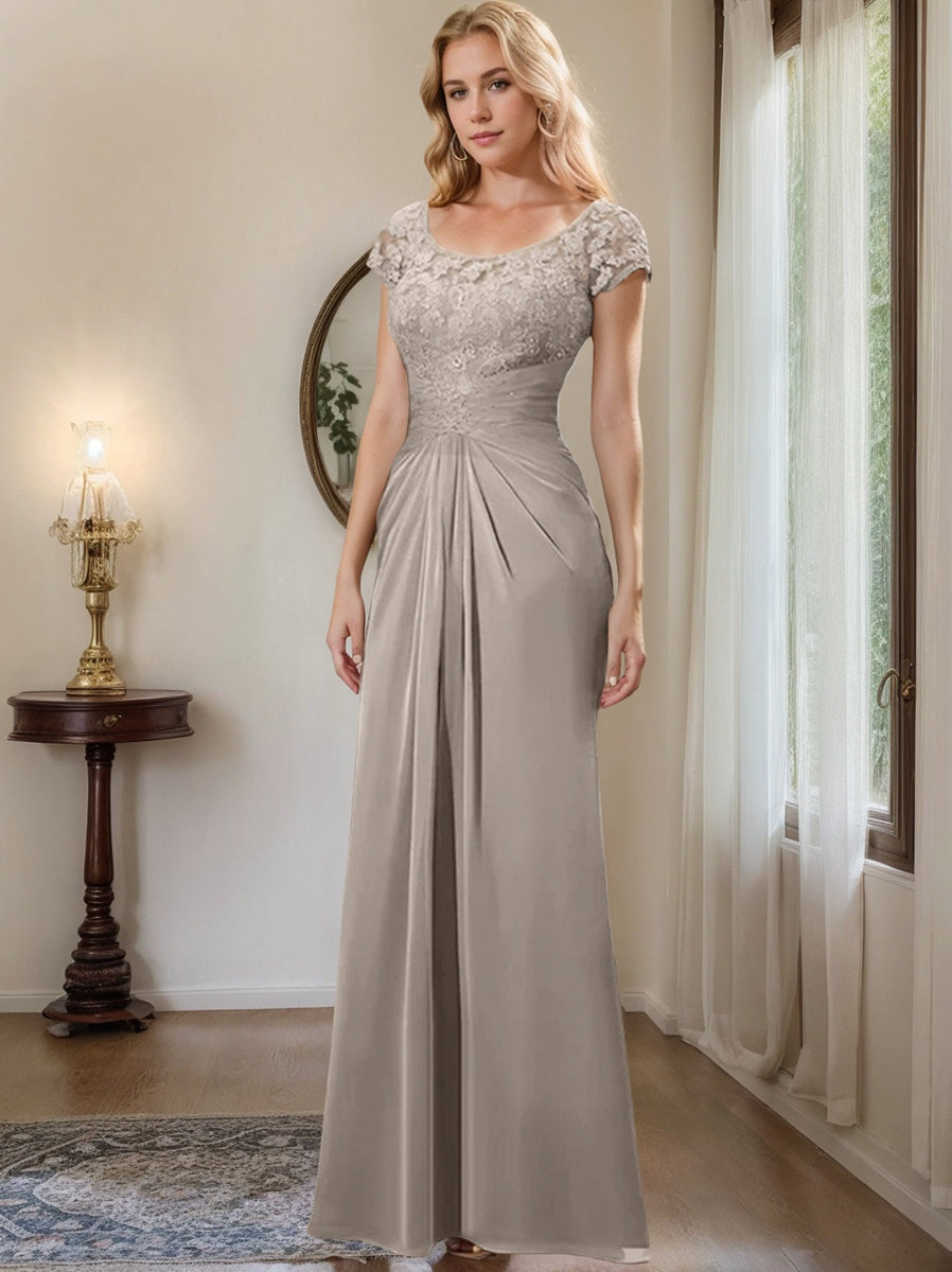 Floor-Length Chiffon Mother of the Bride Dress with Lace Ruffle and Sheath/Column Scoop
