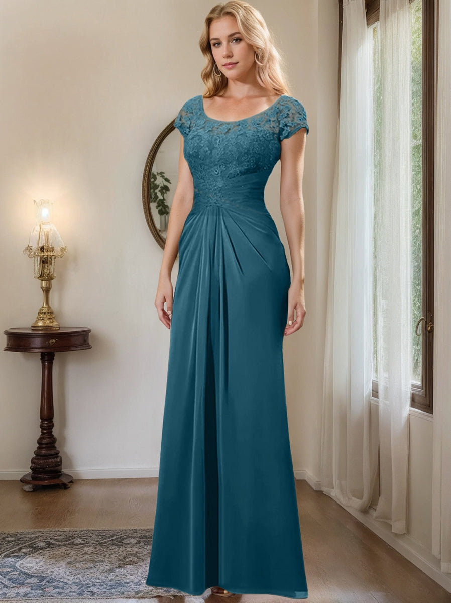 Floor-Length Chiffon Mother of the Bride Dress with Lace Ruffle and Sheath/Column Scoop
