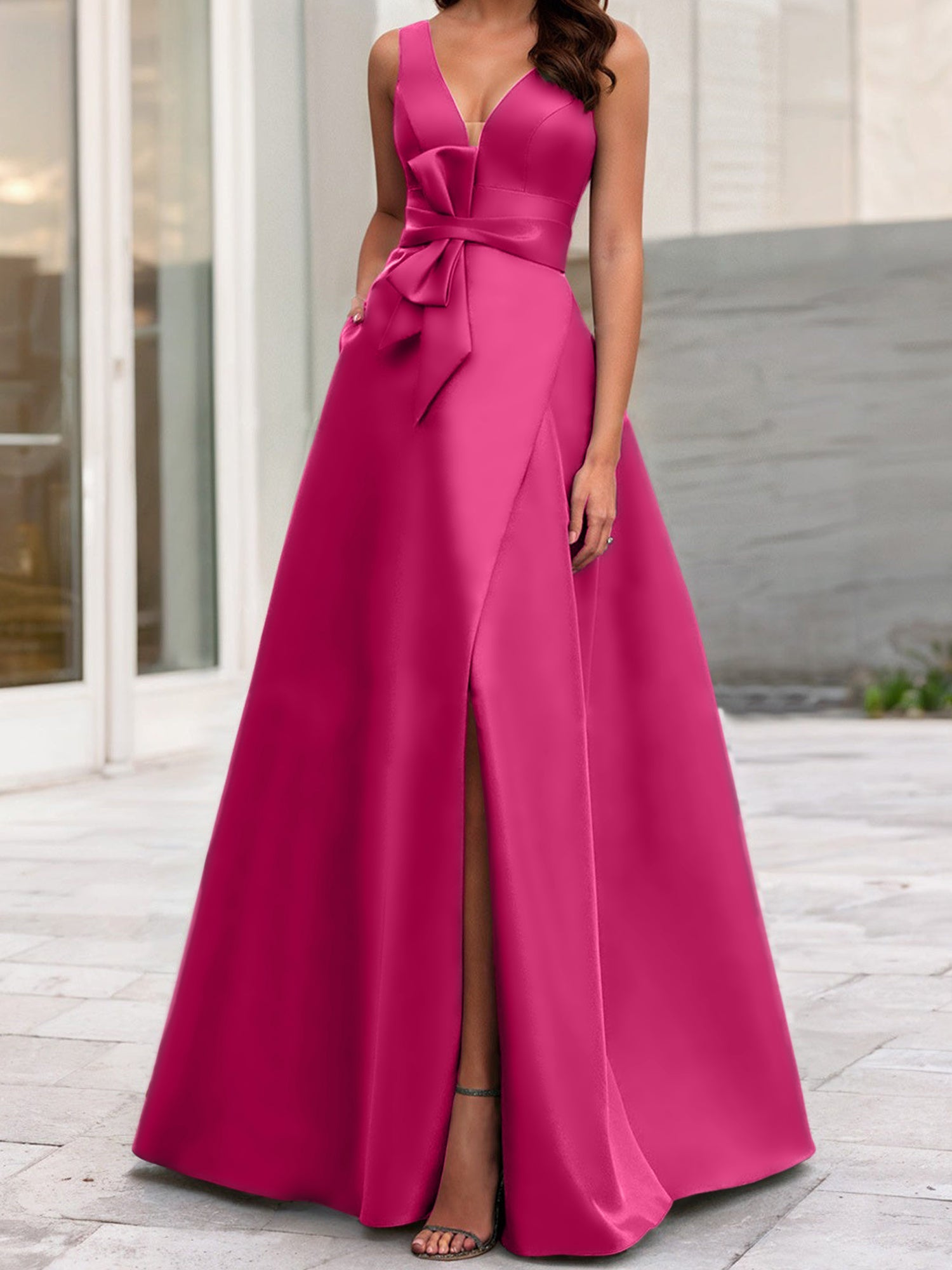 V-Neck Sleeveless A-Line Princess Mother Of The Bride Dress With Side Split