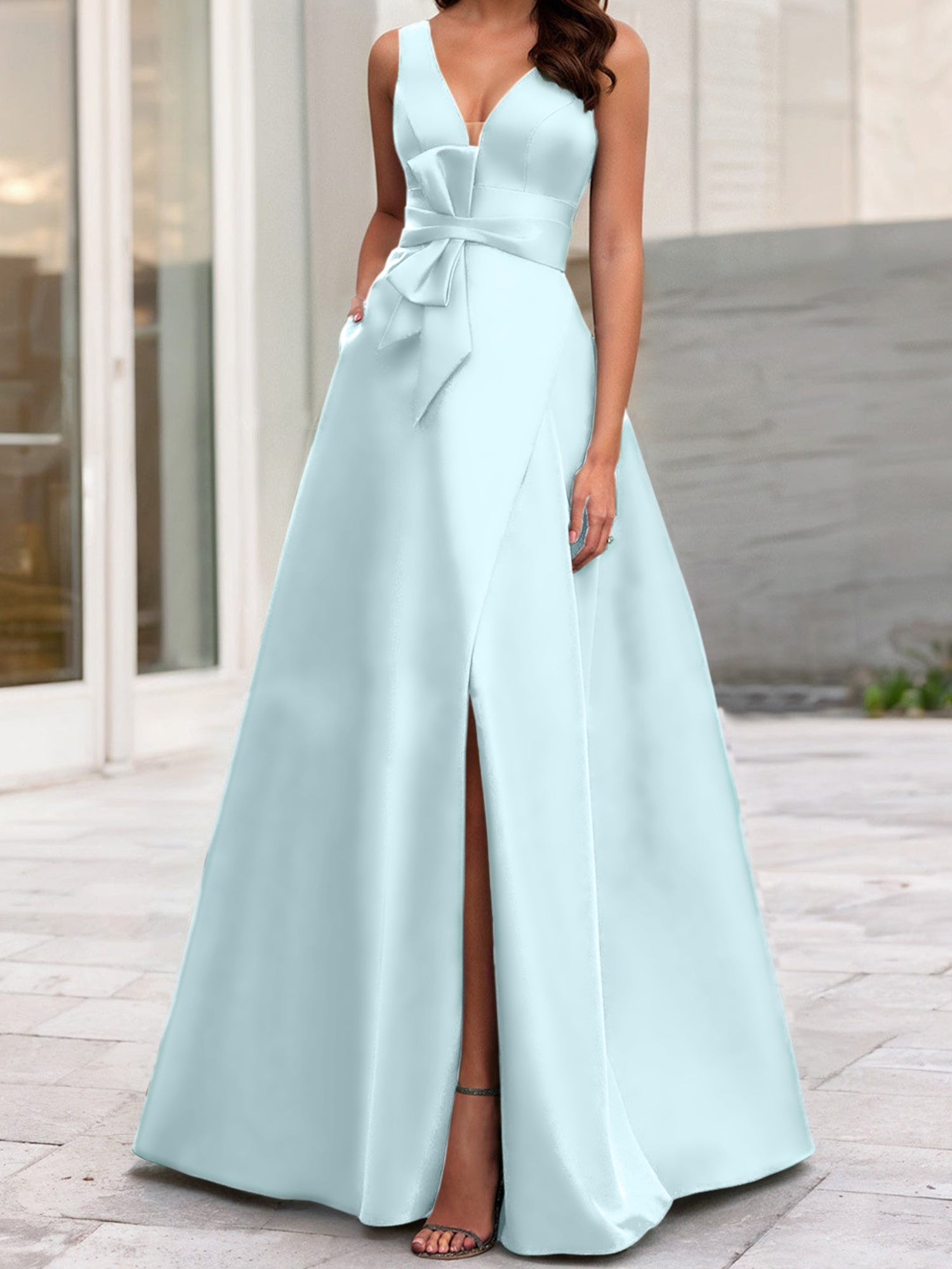 V-Neck Sleeveless A-Line Princess Mother Of The Bride Dress With Side Split