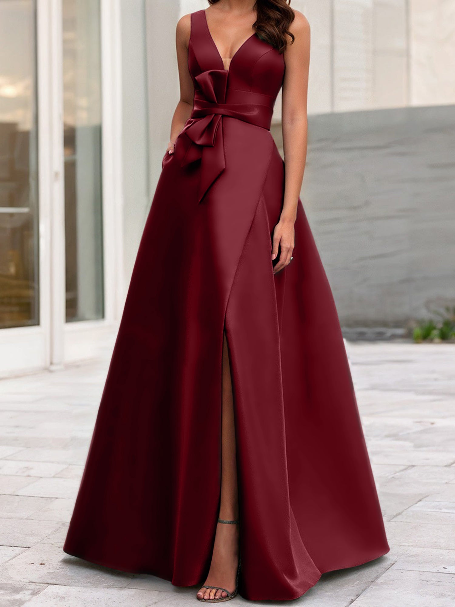 V-Neck Sleeveless A-Line Princess Mother Of The Bride Dress With Side Split