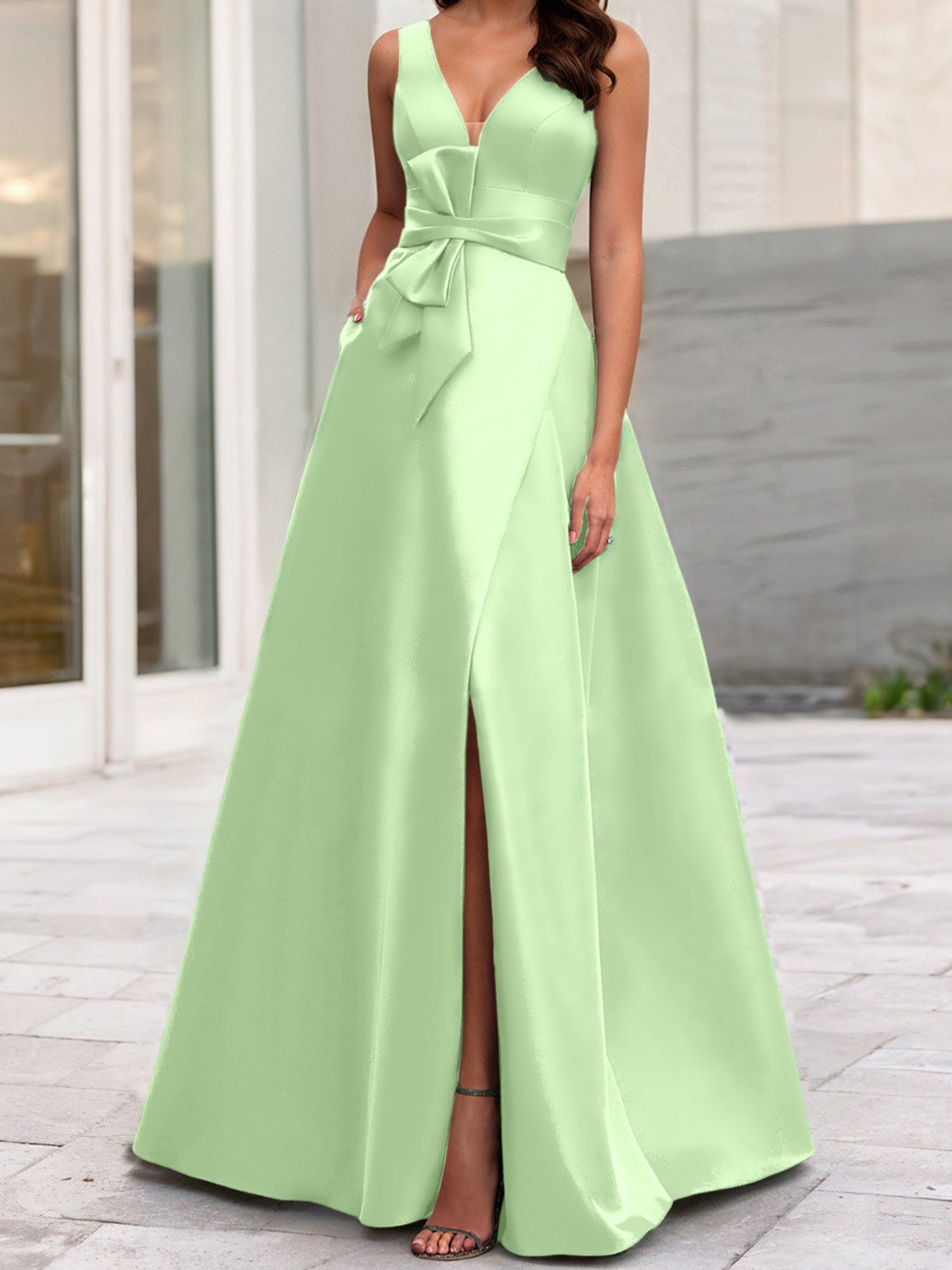 V-Neck Sleeveless A-Line Princess Mother Of The Bride Dress With Side Split