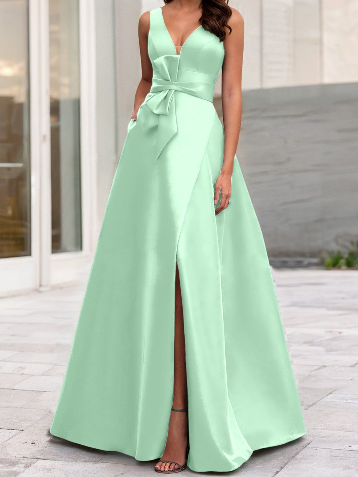 V-Neck Sleeveless A-Line Princess Mother Of The Bride Dress With Side Split
