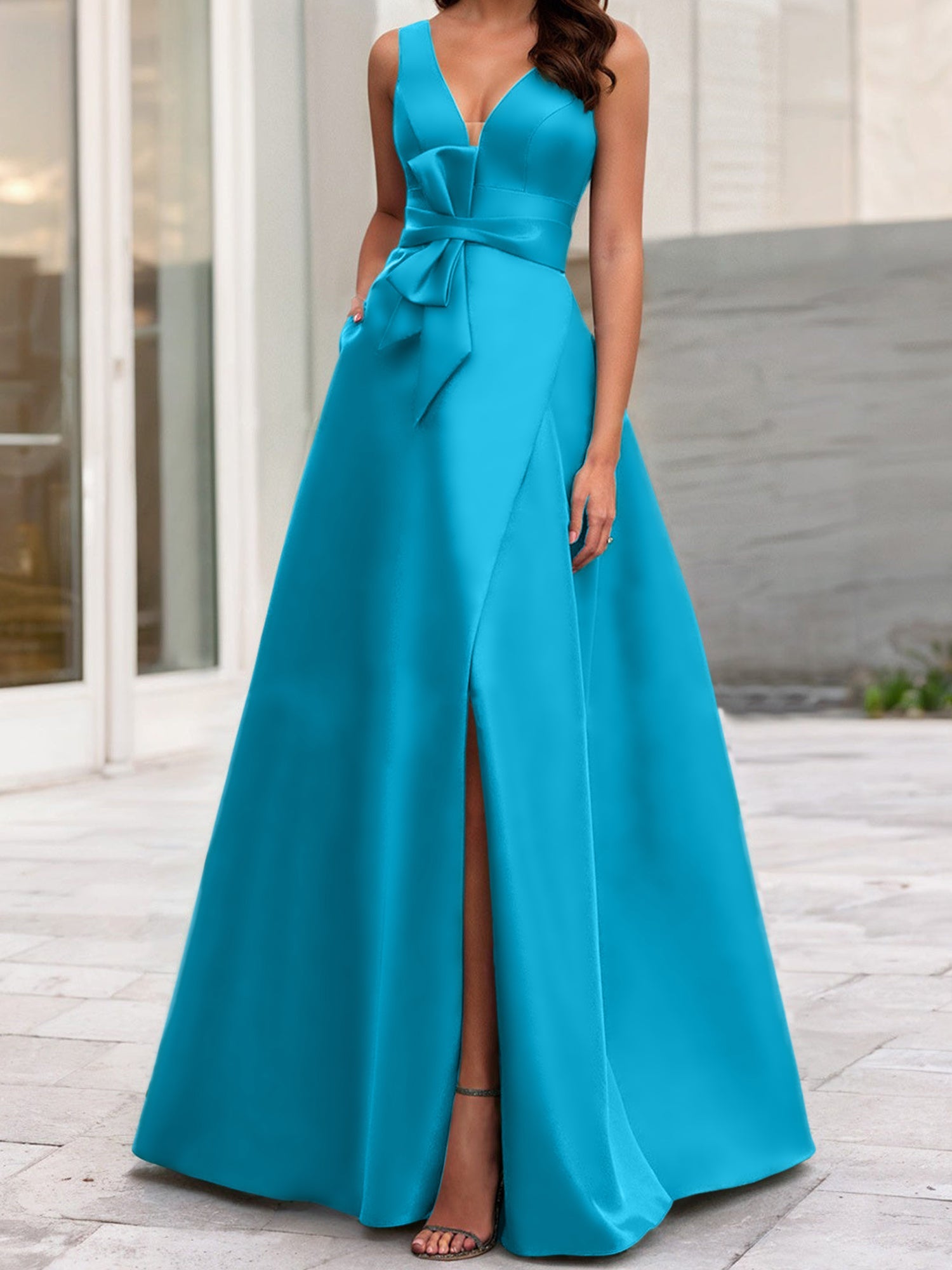 V-Neck Sleeveless A-Line Princess Mother Of The Bride Dress With Side Split