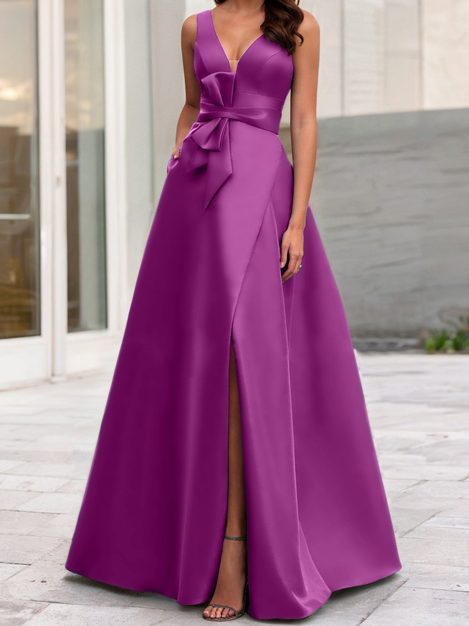 V-Neck Sleeveless A-Line Princess Mother Of The Bride Dress With Side Split