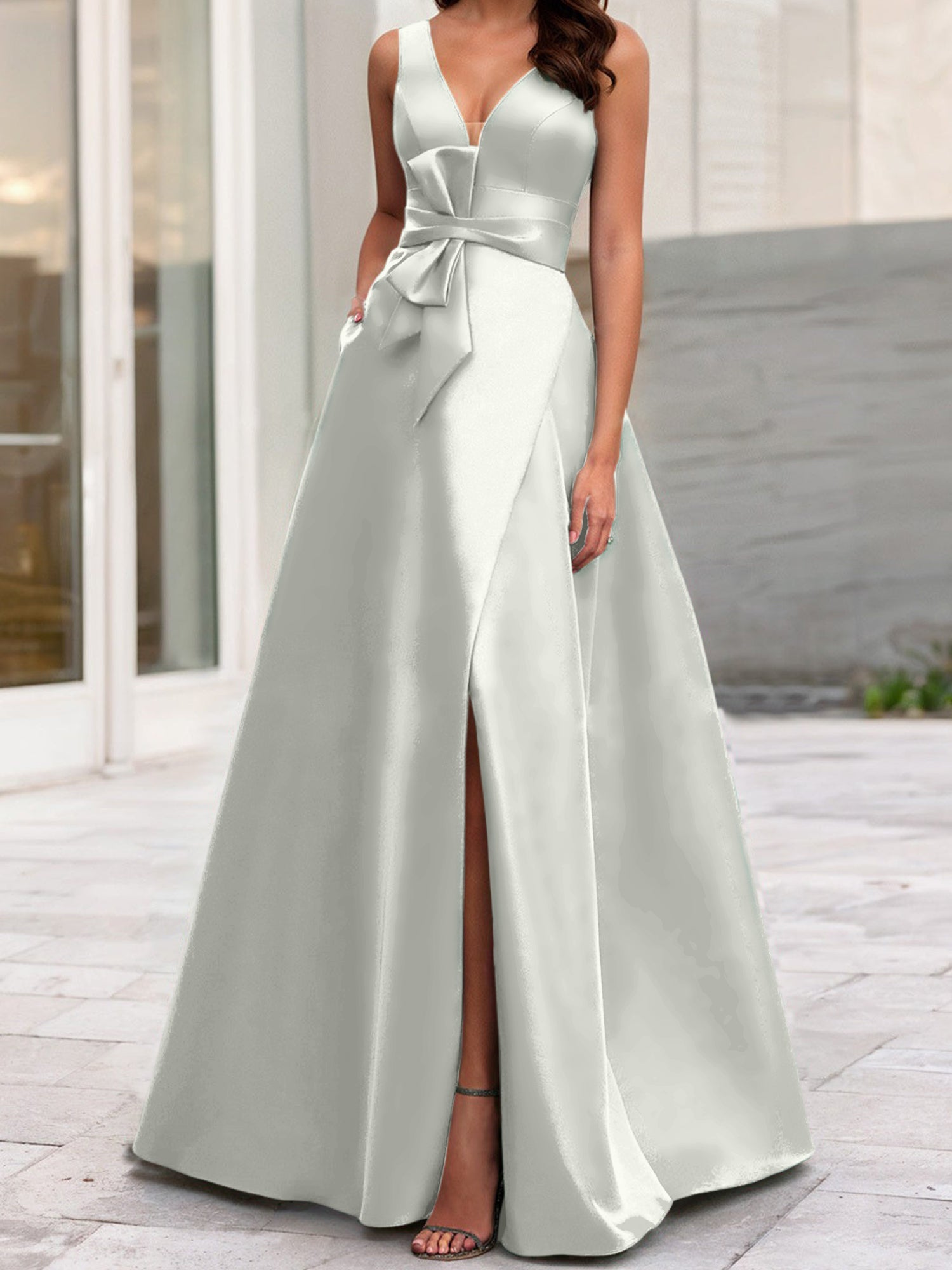 V-Neck Sleeveless A-Line Princess Mother Of The Bride Dress With Side Split