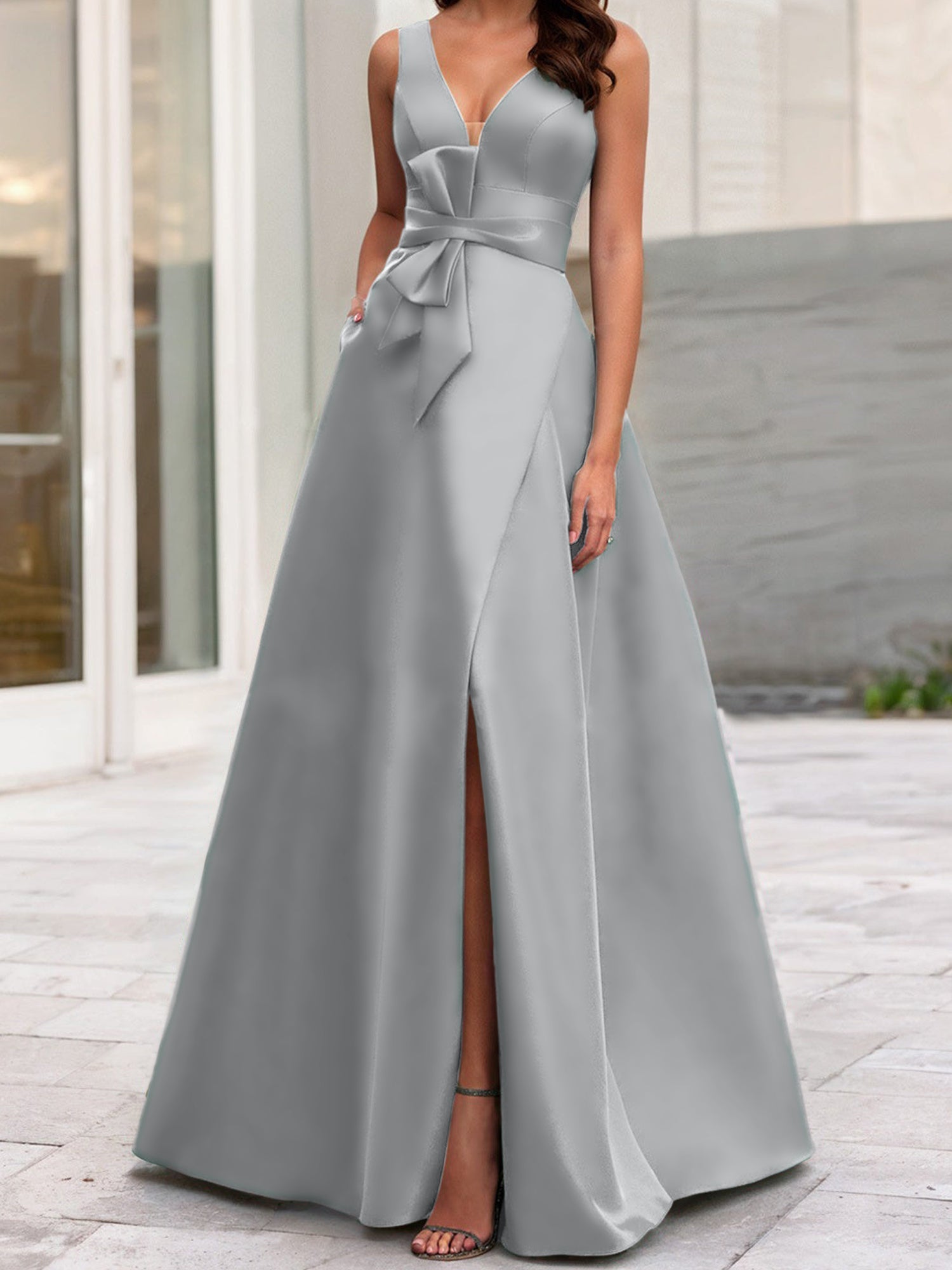 V-Neck Sleeveless A-Line Princess Mother Of The Bride Dress With Side Split
