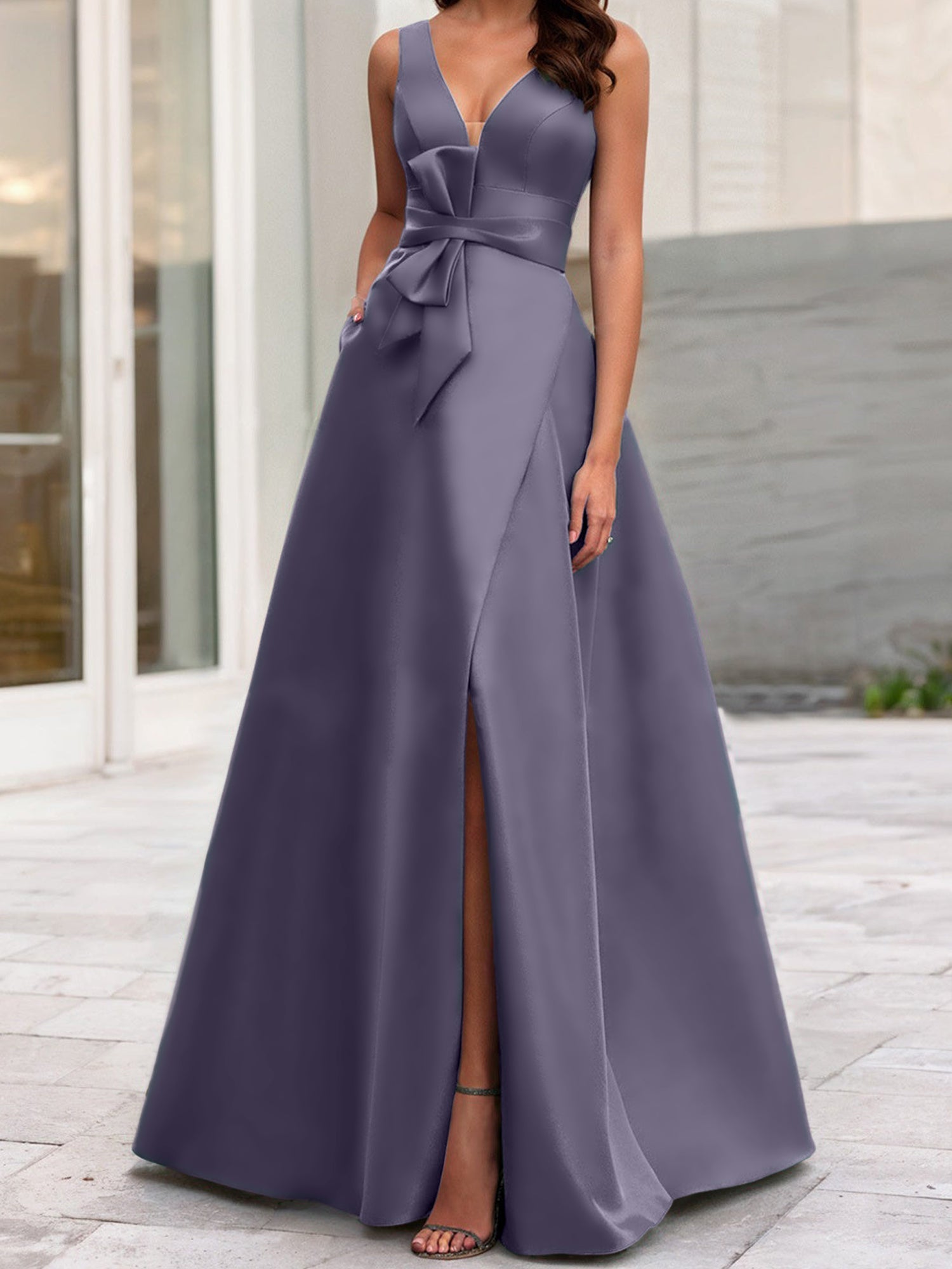 V-Neck Sleeveless A-Line Princess Mother Of The Bride Dress With Side Split