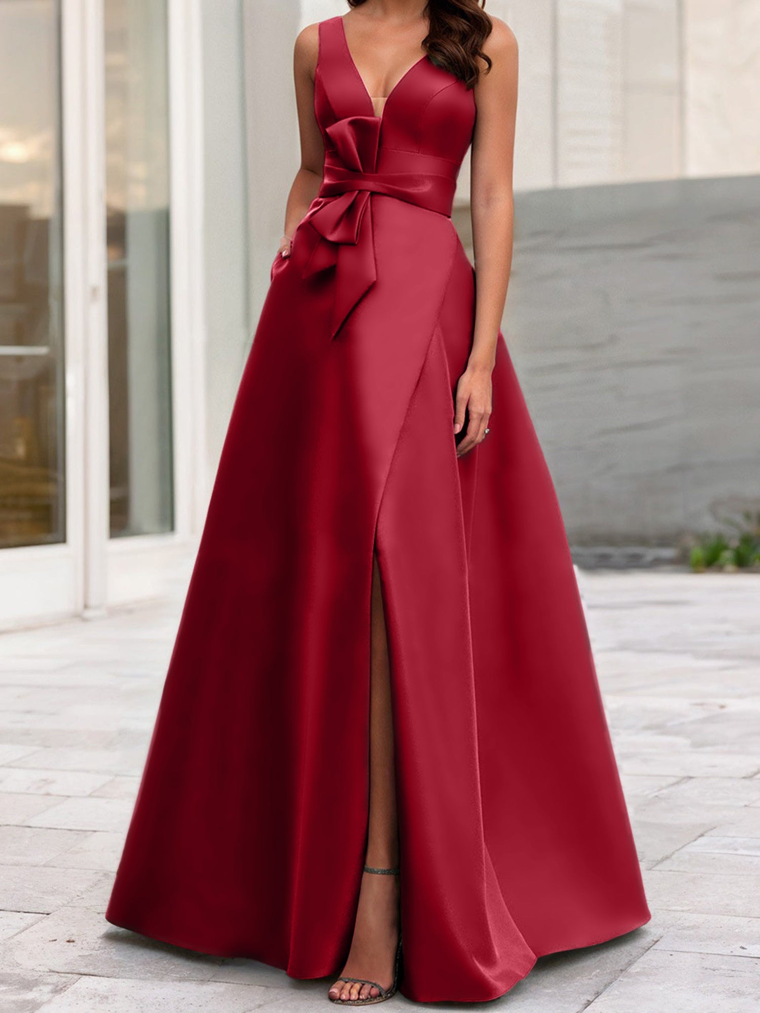 V-Neck Sleeveless A-Line Princess Mother Of The Bride Dress With Side Split
