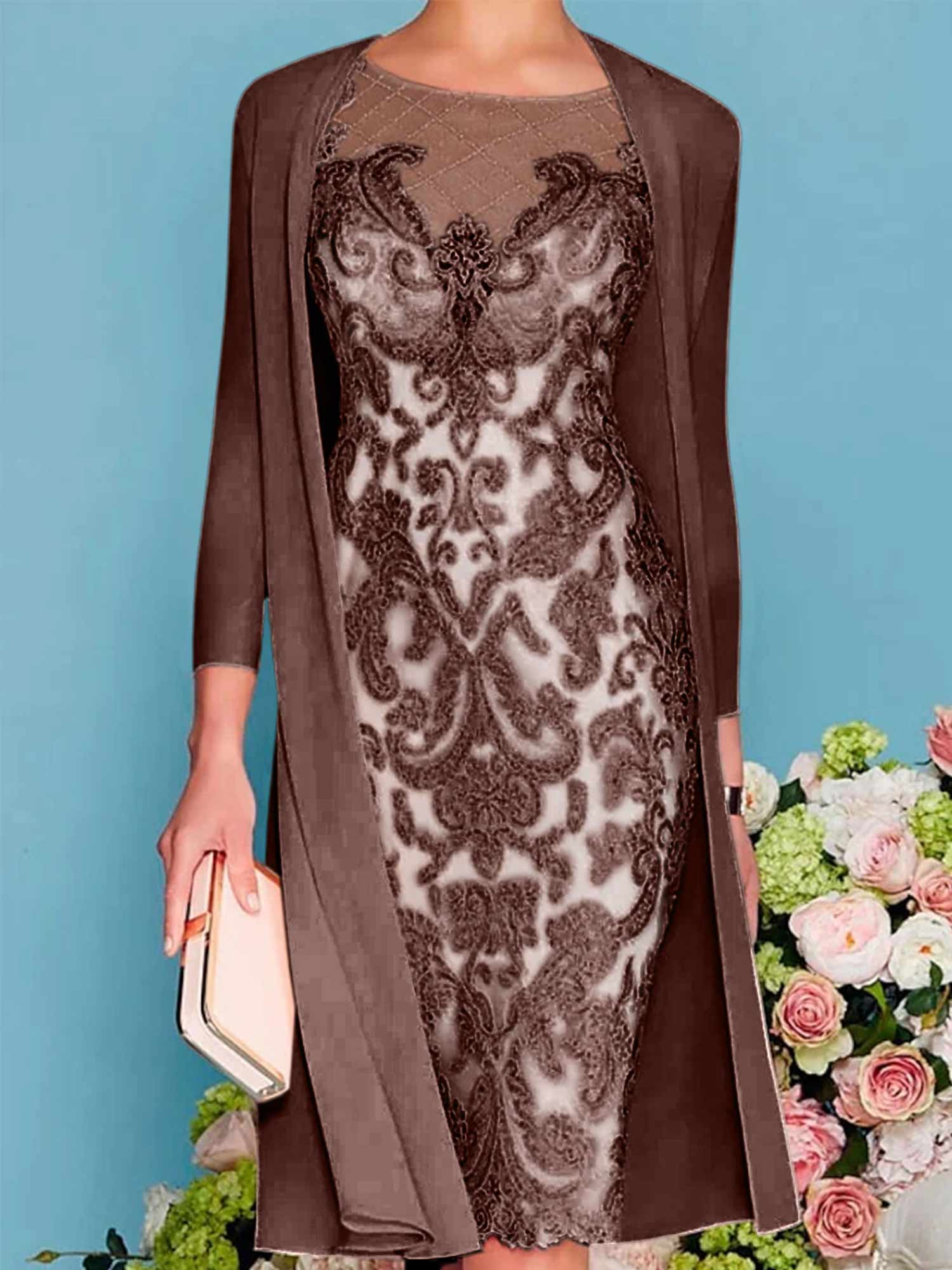 Long-Sleeve Knee-Length Sheath/Column Mother of the Bride Dress with Lace Beading Appliques