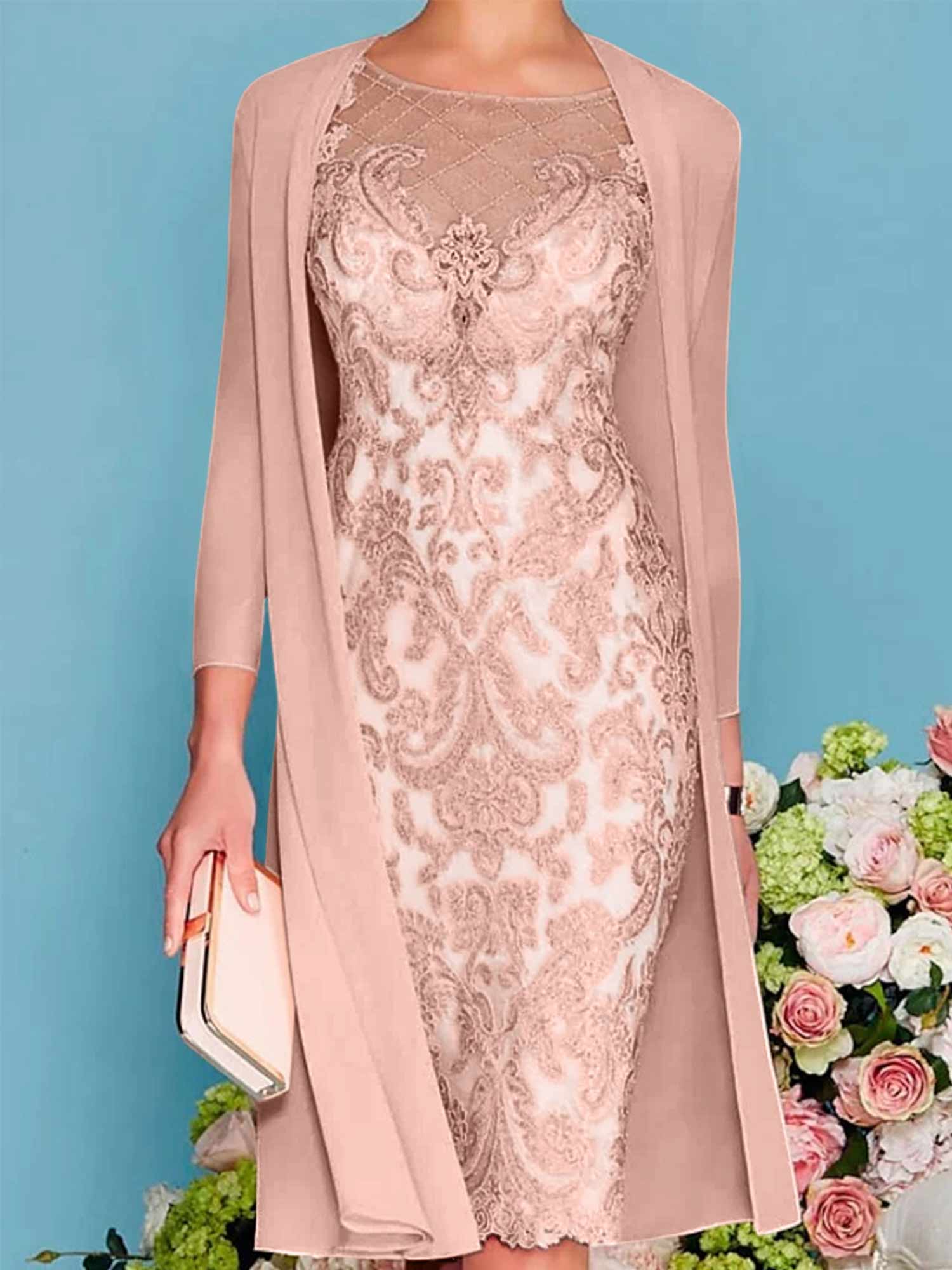 Long-Sleeve Knee-Length Sheath/Column Mother of the Bride Dress with Lace Beading Appliques