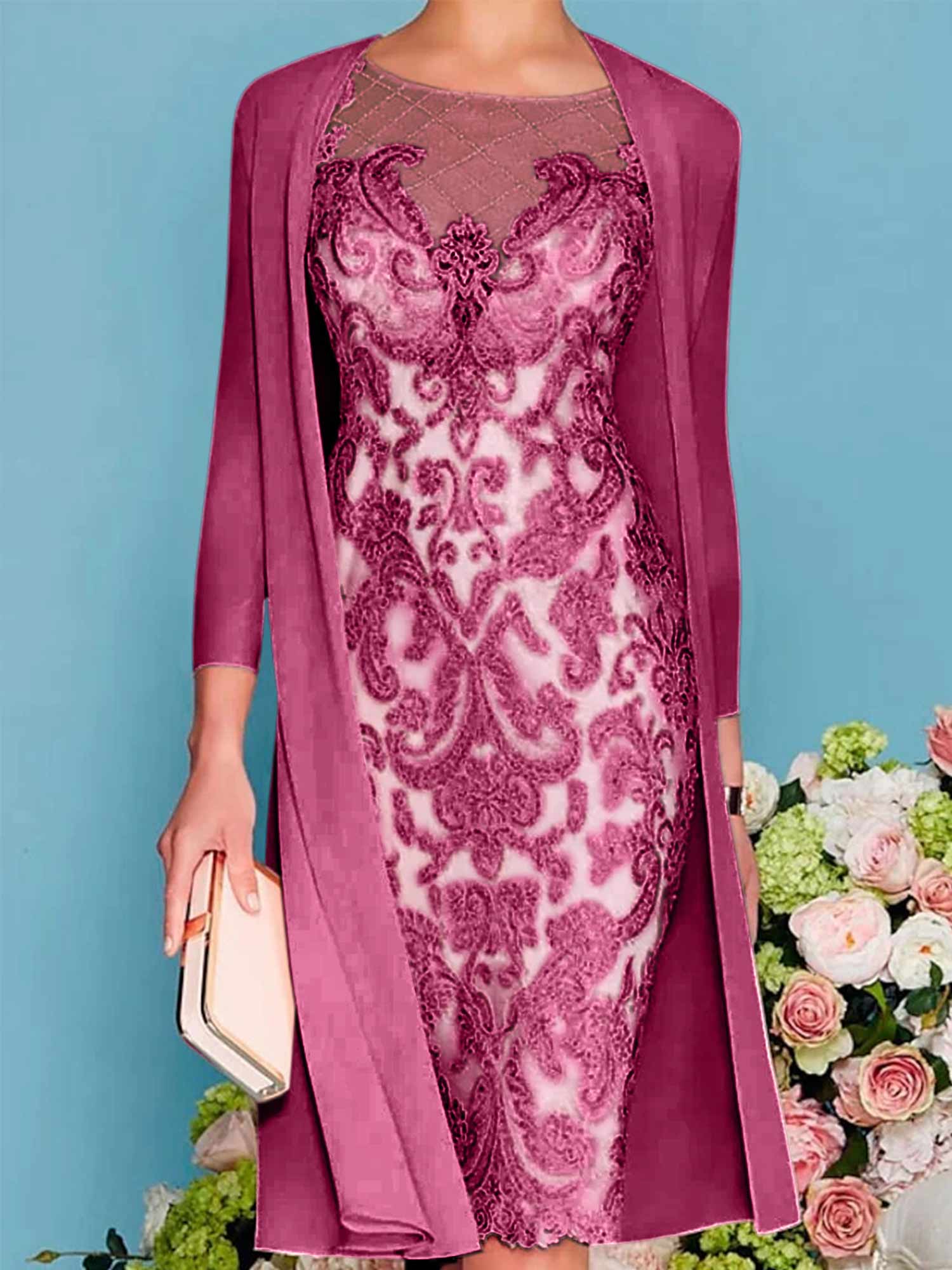 Long-Sleeve Knee-Length Sheath/Column Mother of the Bride Dress with Lace Beading Appliques