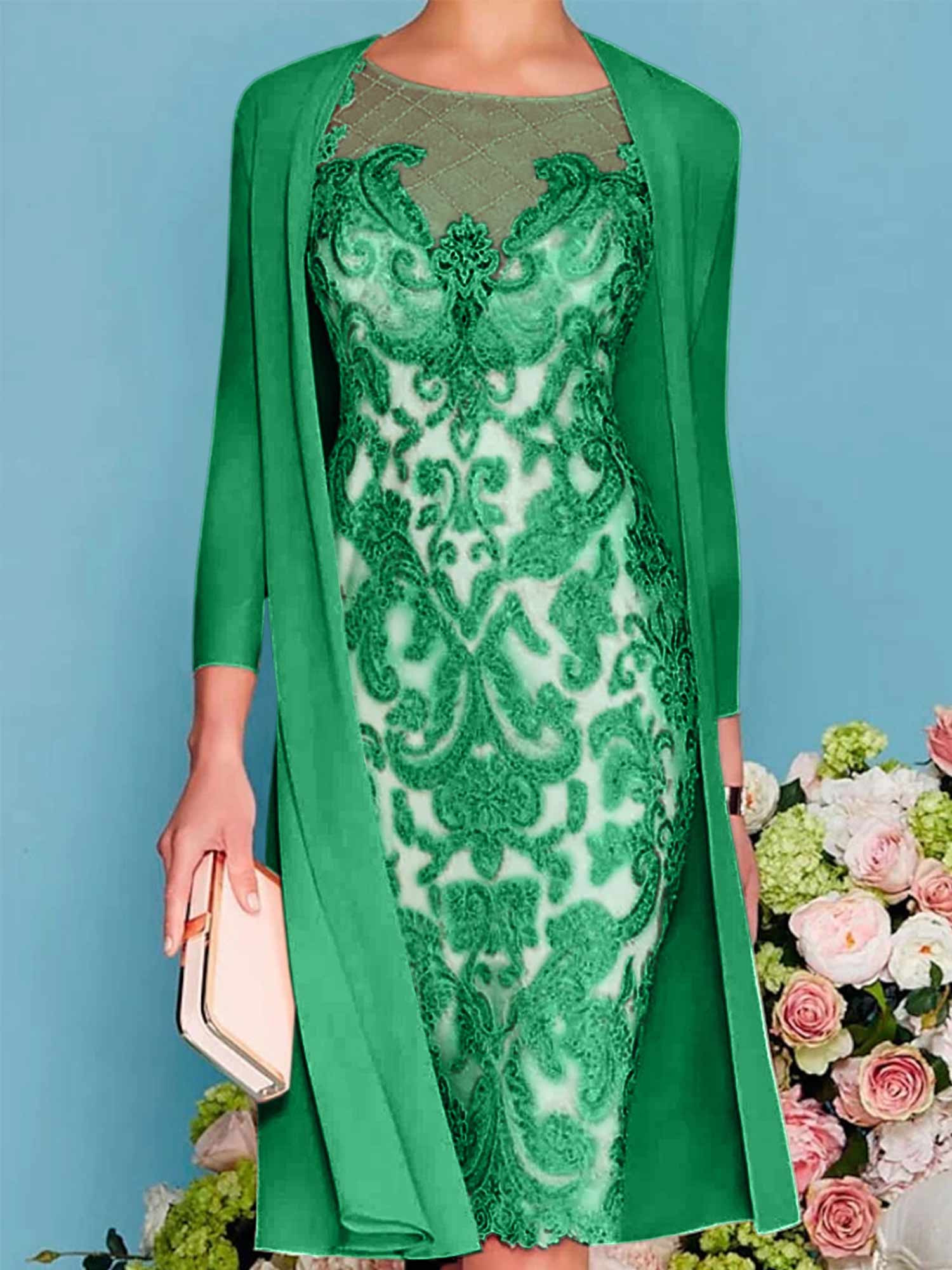 Long-Sleeve Knee-Length Sheath/Column Mother of the Bride Dress with Lace Beading Appliques