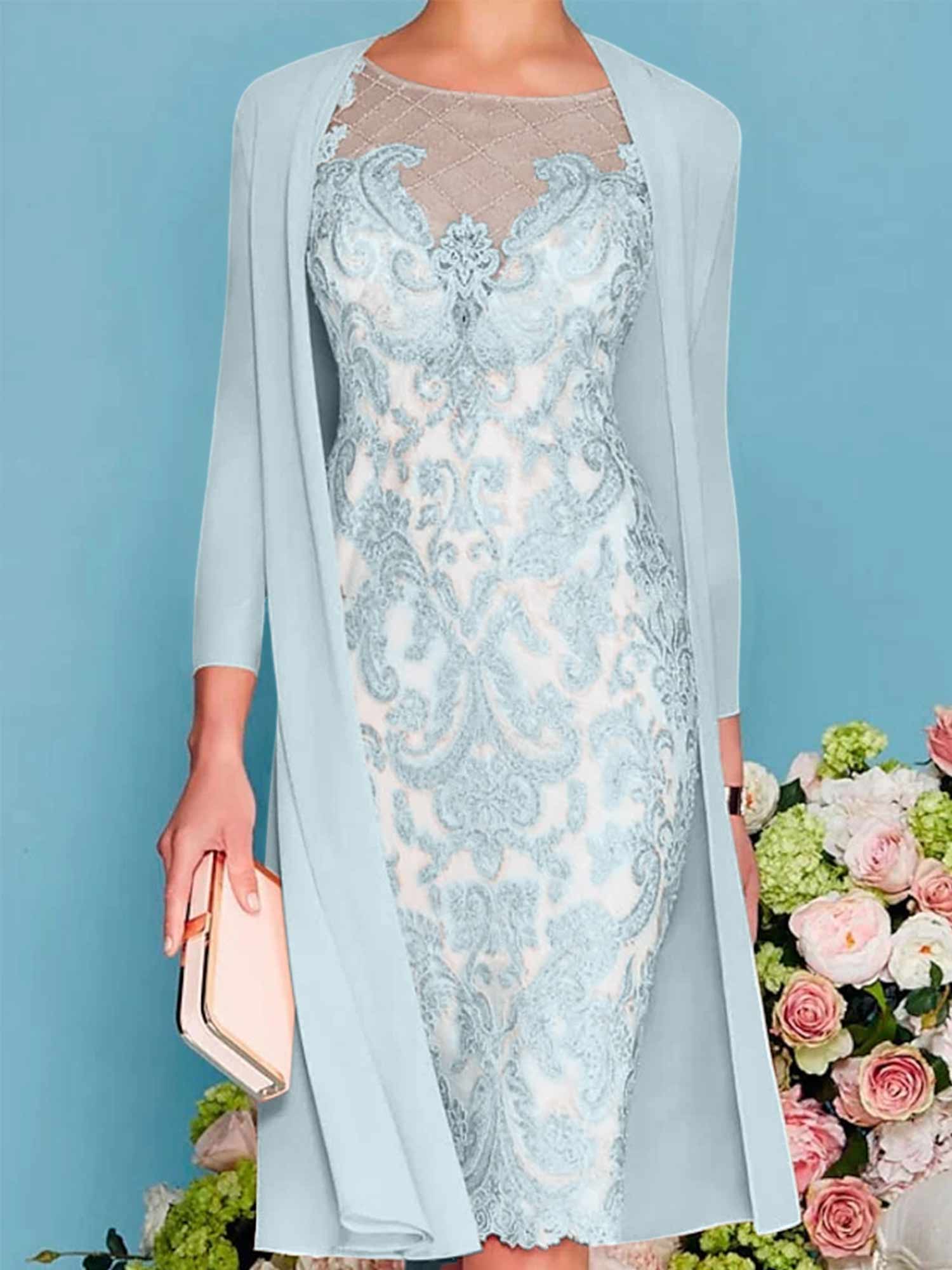 Long-Sleeve Knee-Length Sheath/Column Mother of the Bride Dress with Lace Beading Appliques