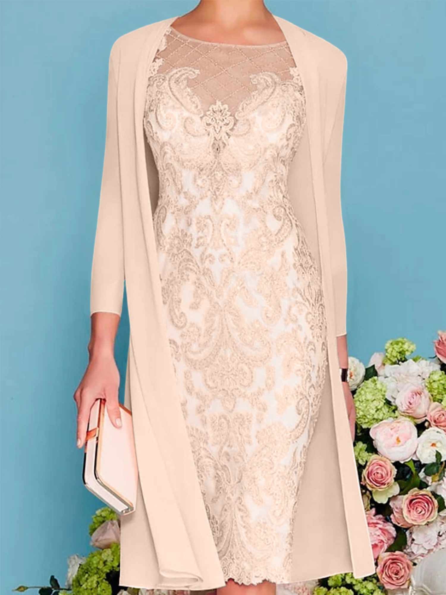 Long-Sleeve Knee-Length Sheath/Column Mother of the Bride Dress with Lace Beading Appliques