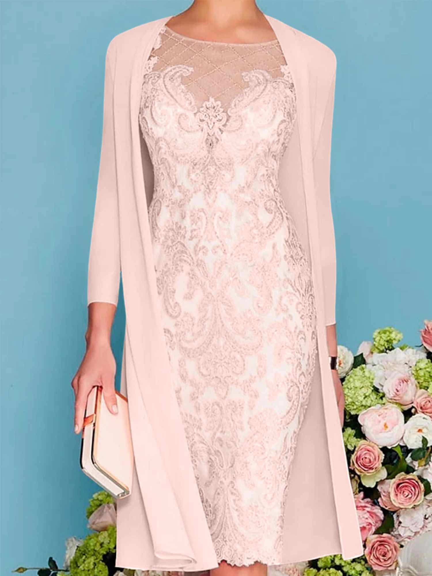Long-Sleeve Knee-Length Sheath/Column Mother of the Bride Dress with Lace Beading Appliques