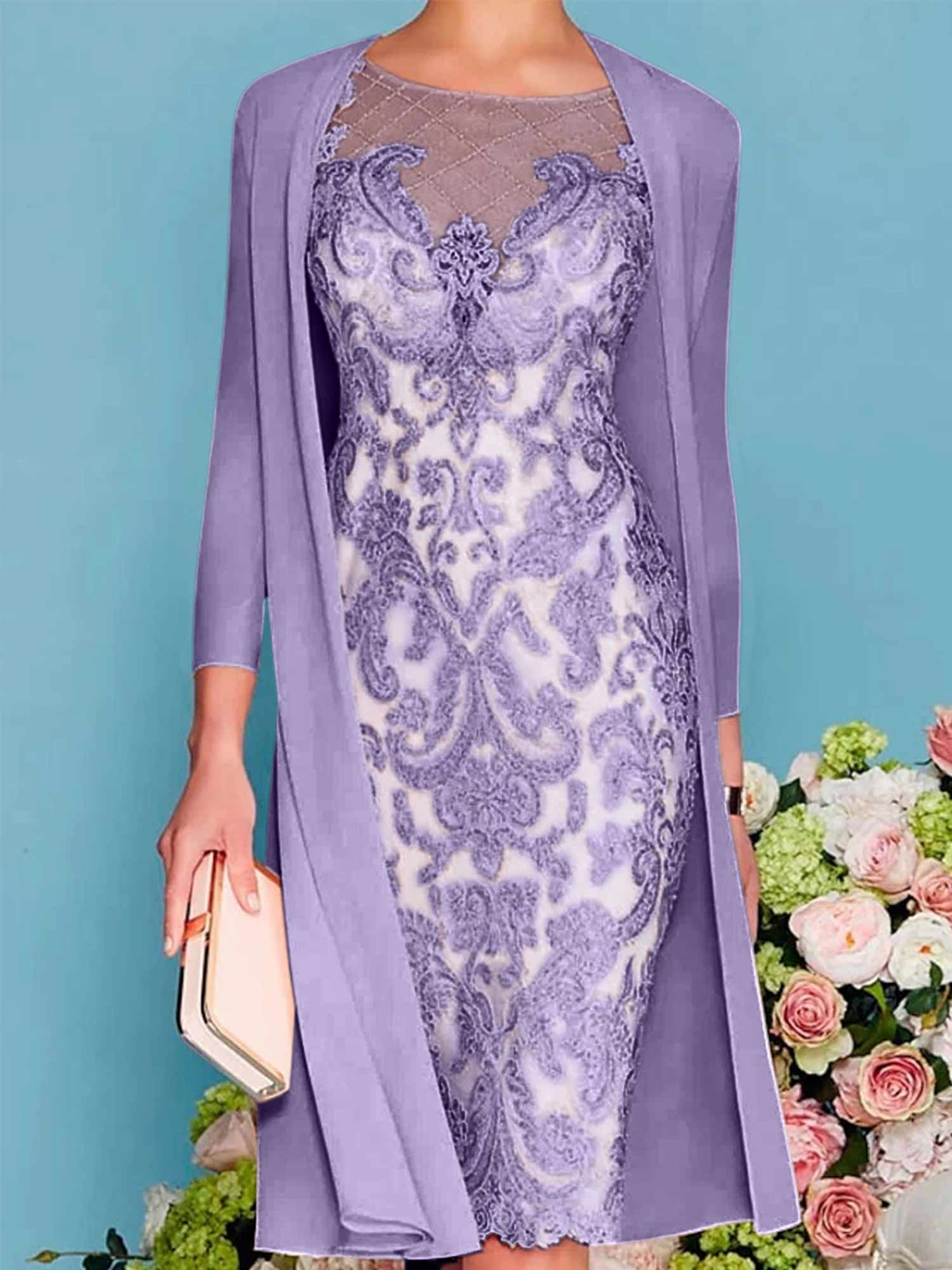 Long-Sleeve Knee-Length Sheath/Column Mother of the Bride Dress with Lace Beading Appliques