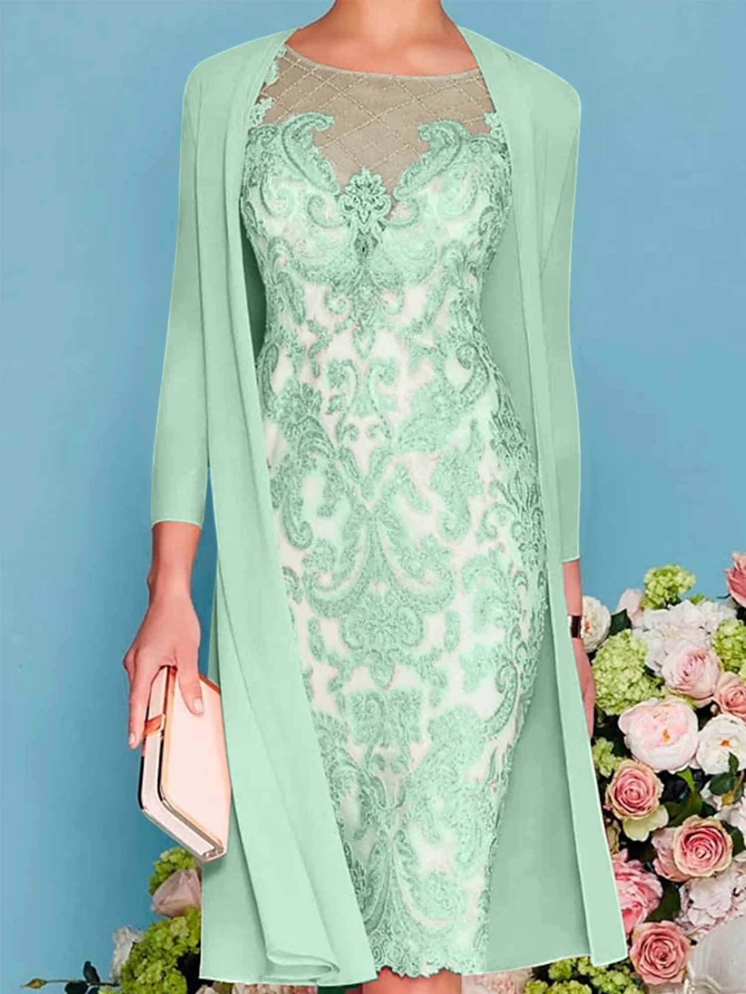 Long-Sleeve Knee-Length Sheath/Column Mother of the Bride Dress with Lace Beading Appliques