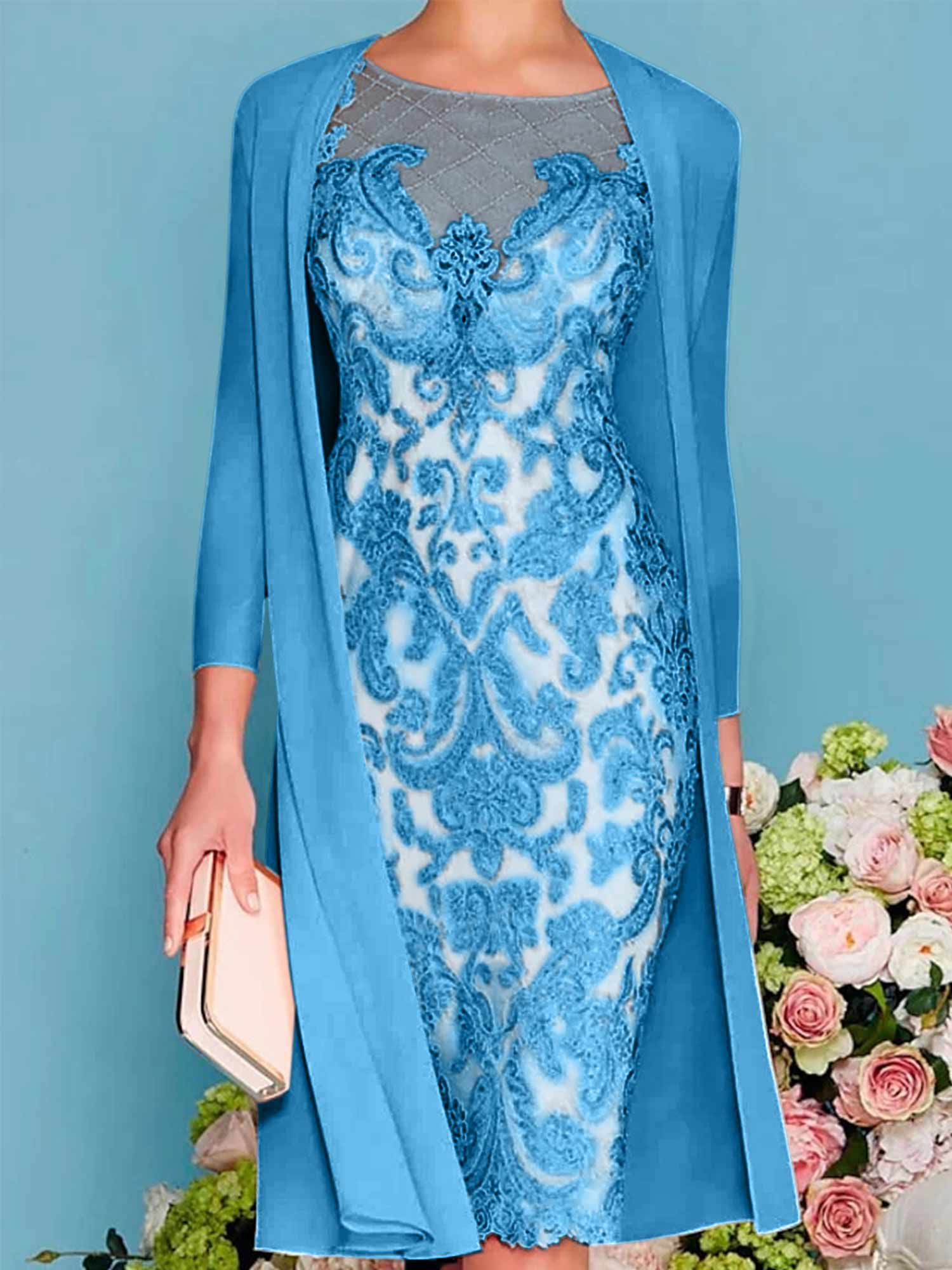 Long-Sleeve Knee-Length Sheath/Column Mother of the Bride Dress with Lace Beading Appliques