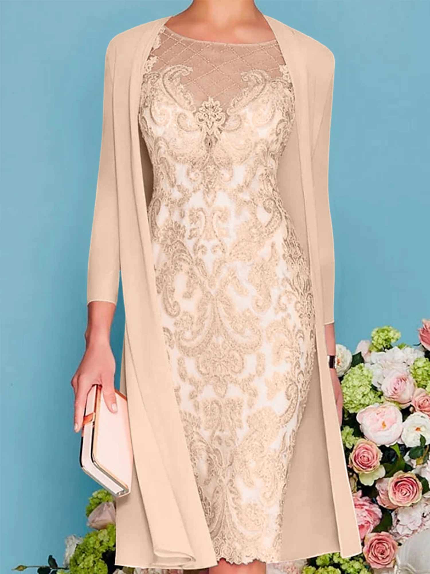 Long-Sleeve Knee-Length Sheath/Column Mother of the Bride Dress with Lace Beading Appliques