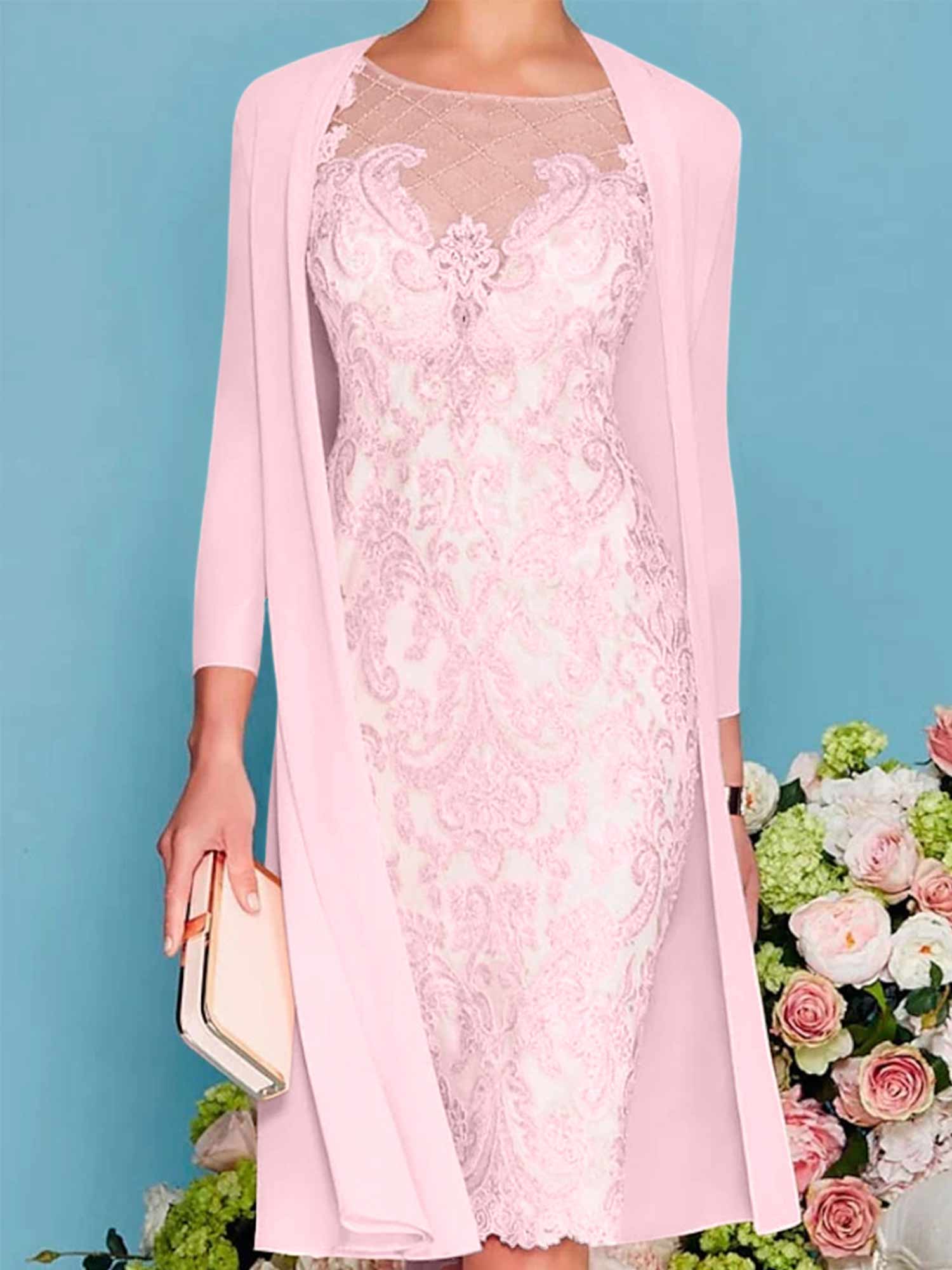 Long-Sleeve Knee-Length Sheath/Column Mother of the Bride Dress with Lace Beading Appliques