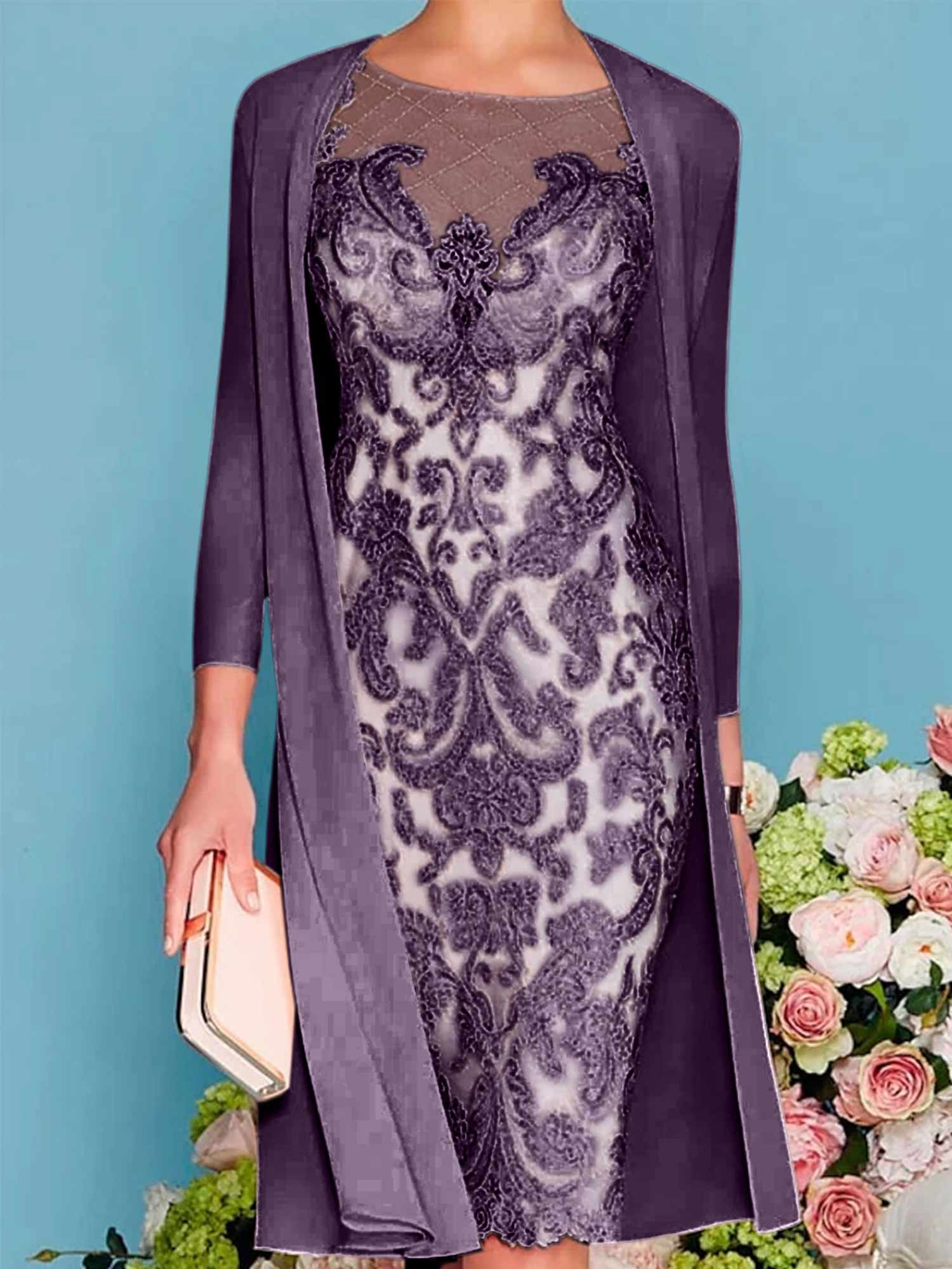 Long-Sleeve Knee-Length Sheath/Column Mother of the Bride Dress with Lace Beading Appliques
