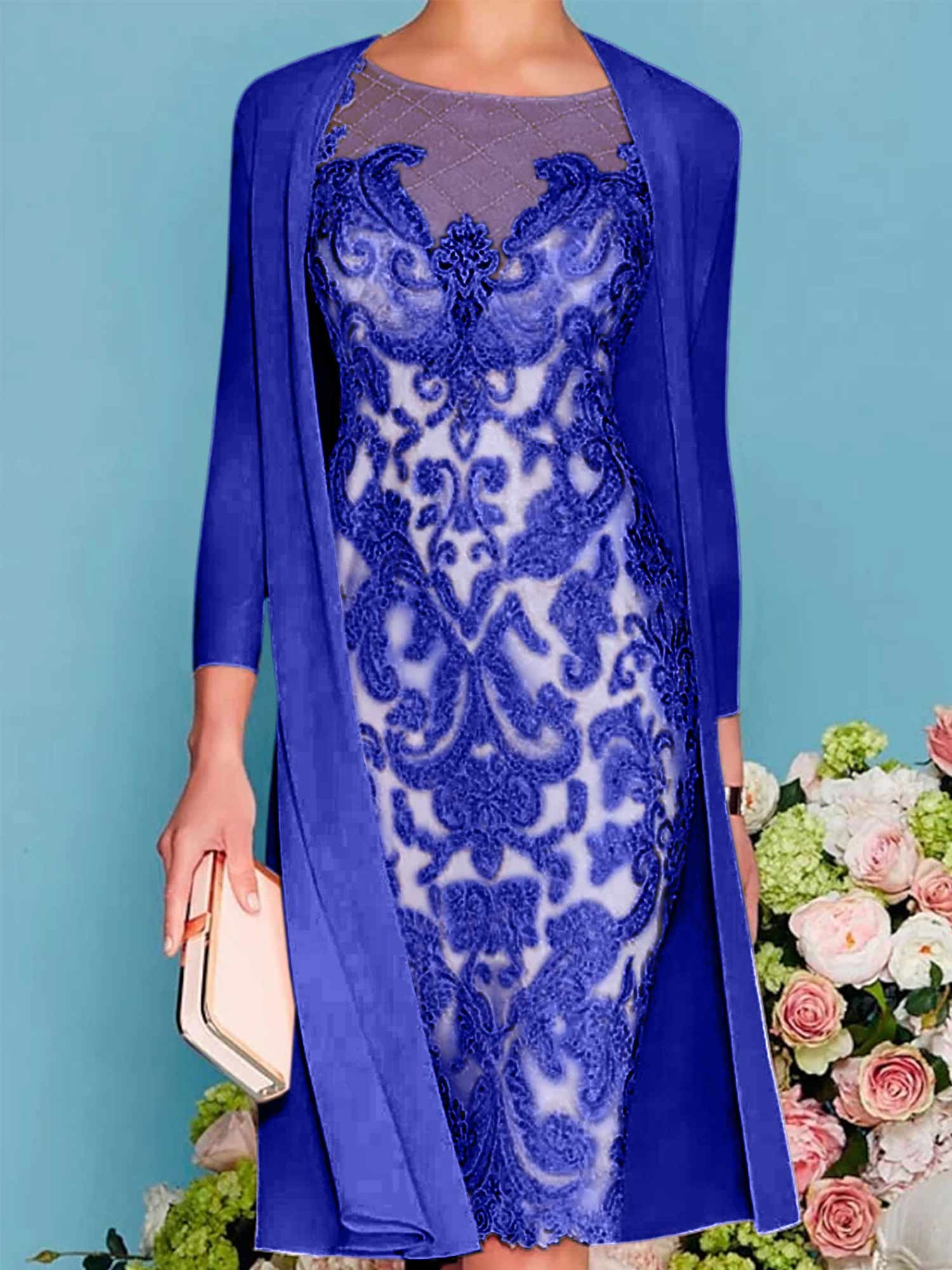 Long-Sleeve Knee-Length Sheath/Column Mother of the Bride Dress with Lace Beading Appliques