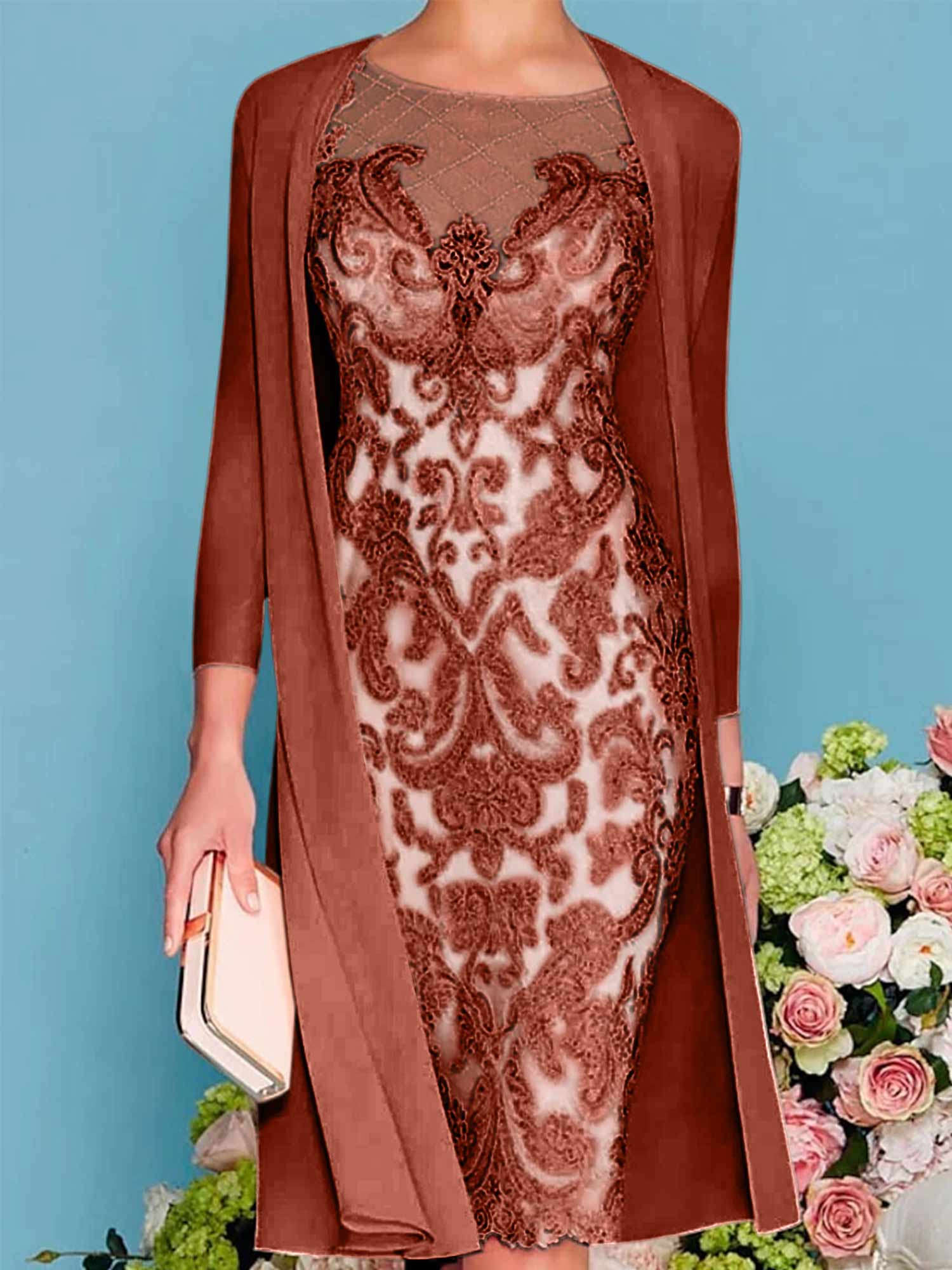 Long-Sleeve Knee-Length Sheath/Column Mother of the Bride Dress with Lace Beading Appliques