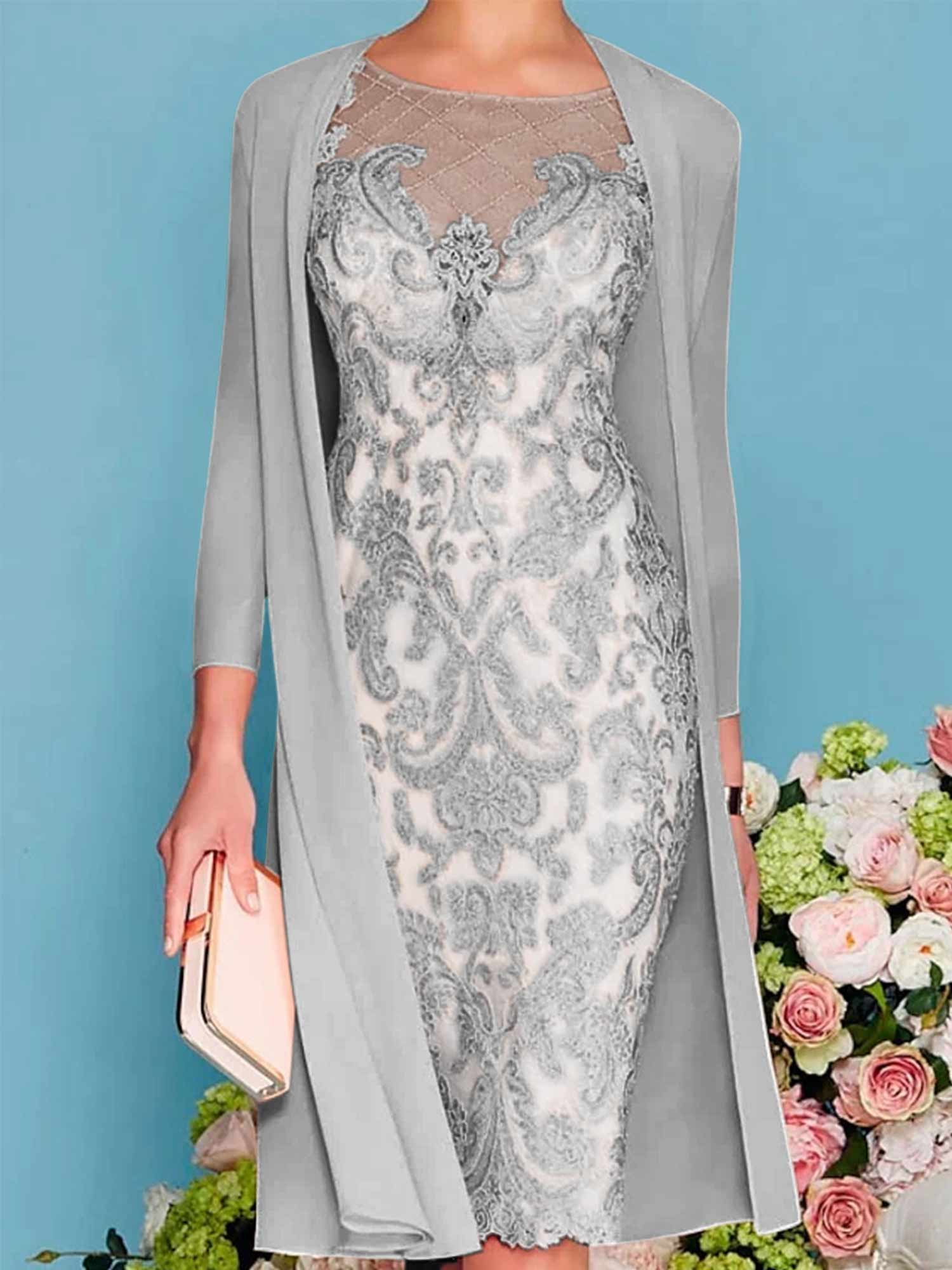 Long-Sleeve Knee-Length Sheath/Column Mother of the Bride Dress with Lace Beading Appliques