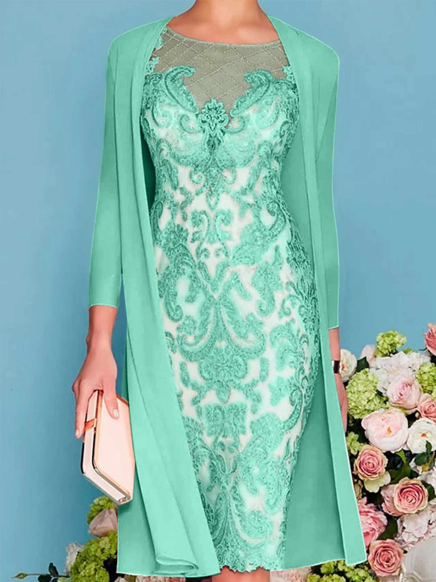 Long-Sleeve Knee-Length Sheath/Column Mother of the Bride Dress with Lace Beading Appliques