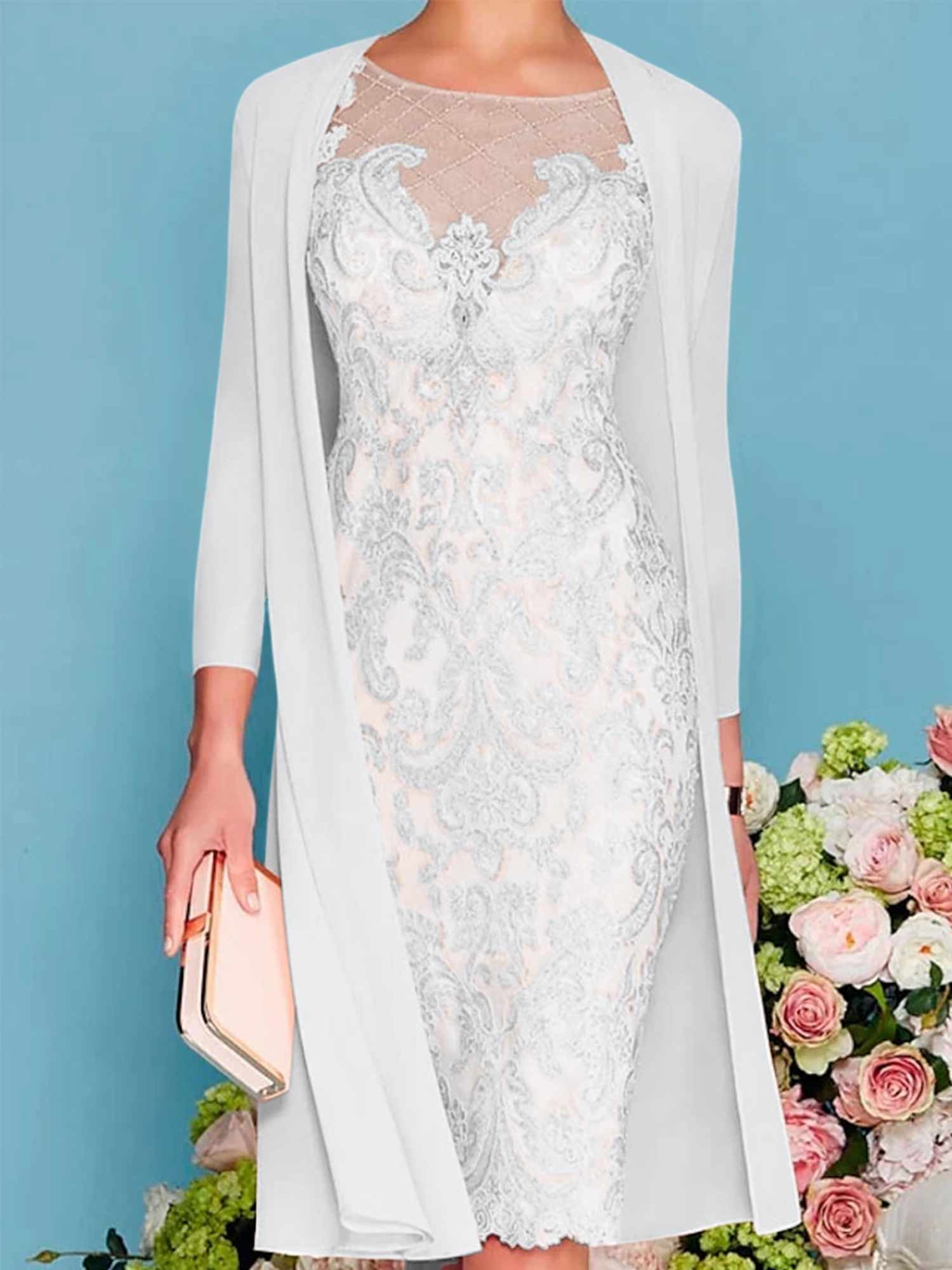 Long-Sleeve Knee-Length Sheath/Column Mother of the Bride Dress with Lace Beading Appliques