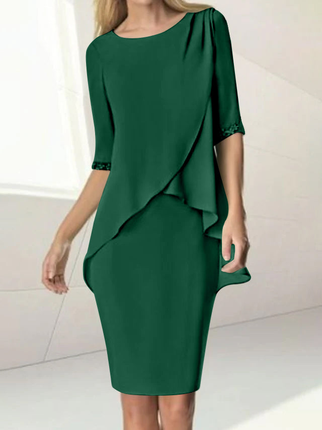 Knee-Length Beaded Sheath Dress with Ruching for the Mother of the Bride