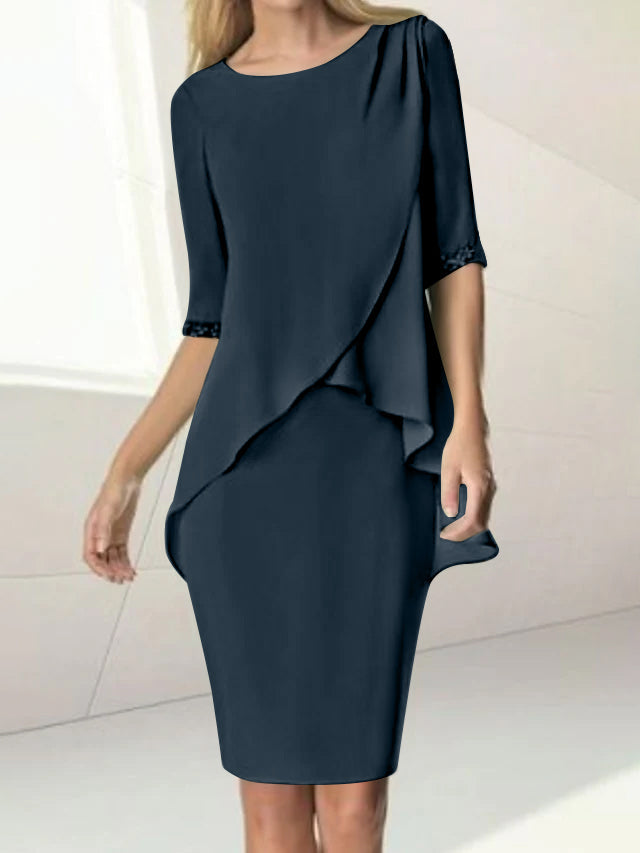 Knee-Length Beaded Sheath Dress with Ruching for the Mother of the Bride