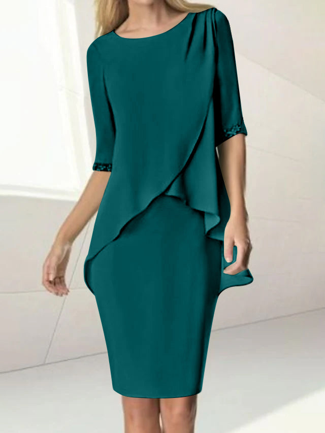 Knee-Length Beaded Sheath Dress with Ruching for the Mother of the Bride