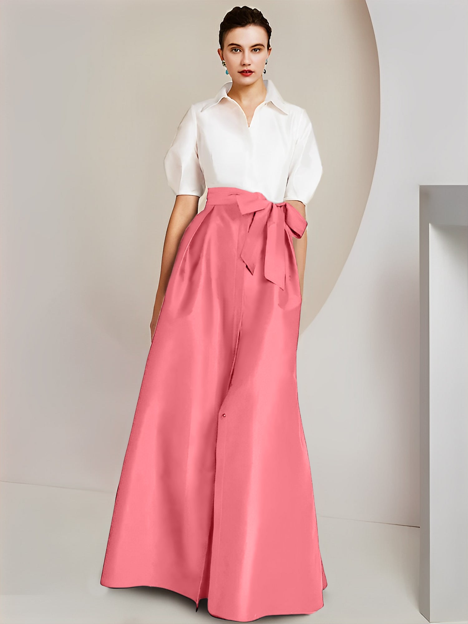 Princess/A-Line Floor-Length 2-Piece Mother of the Bride Dresses with Bowknot and Shirt Collar Short Sleeves