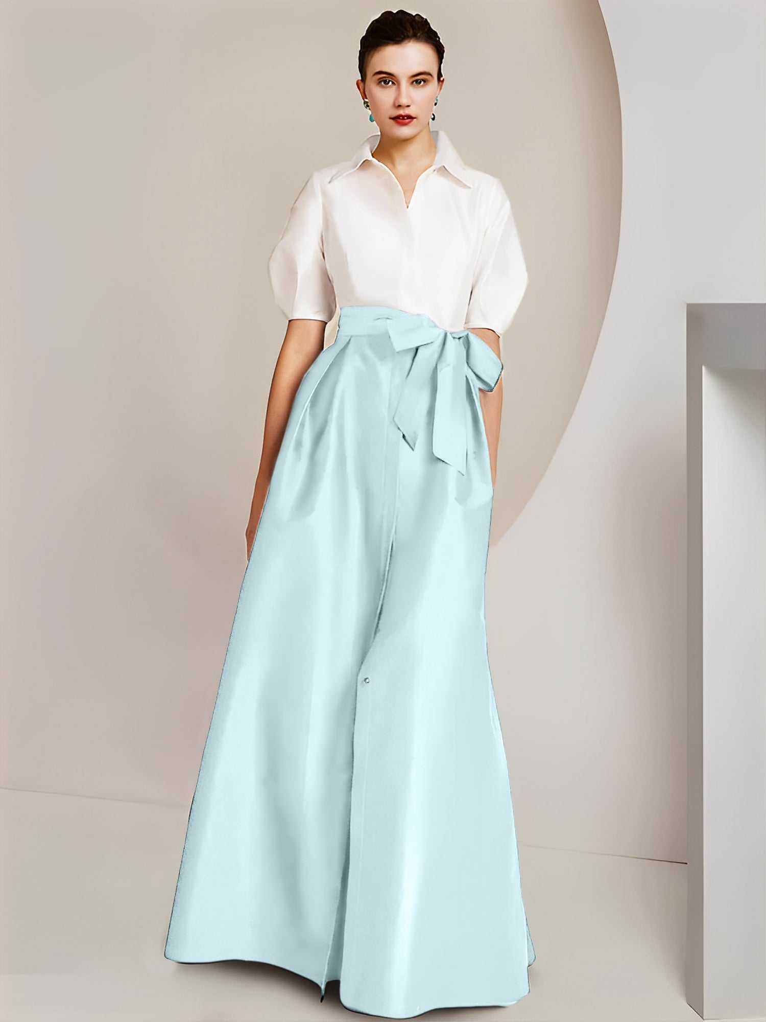 Princess/A-Line Floor-Length 2-Piece Mother of the Bride Dresses with Bowknot and Shirt Collar Short Sleeves